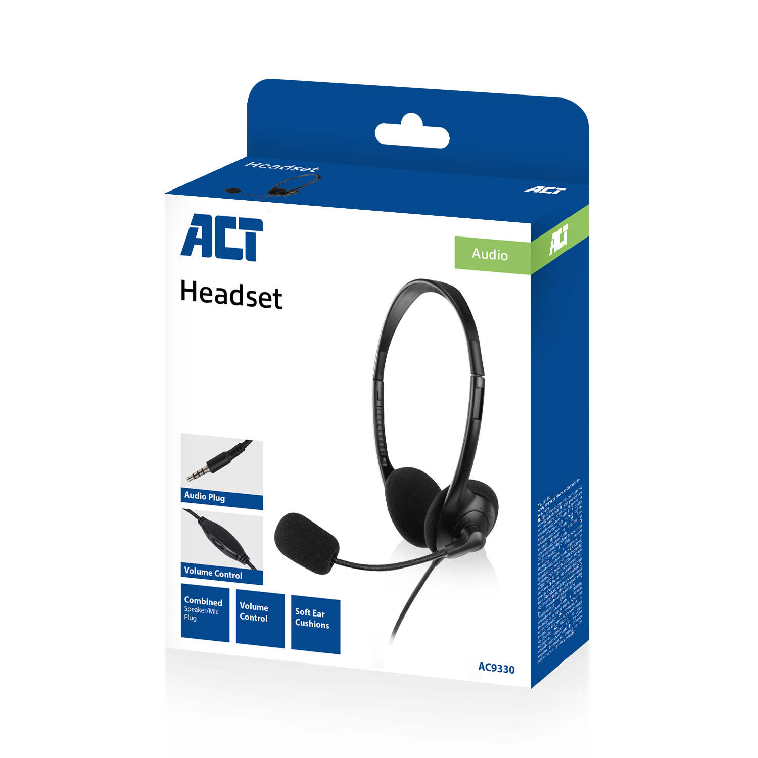 Boxed headset with a microphone and volume control. The box is white and blue with product details.