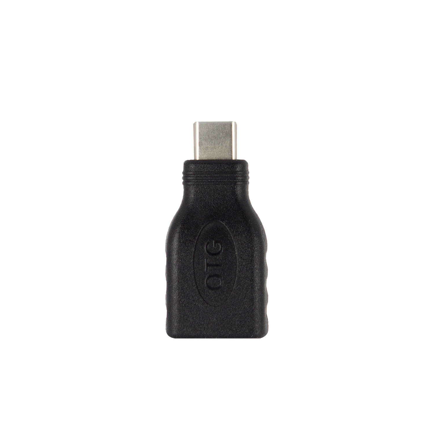 A black USB-C adapter on a white background.