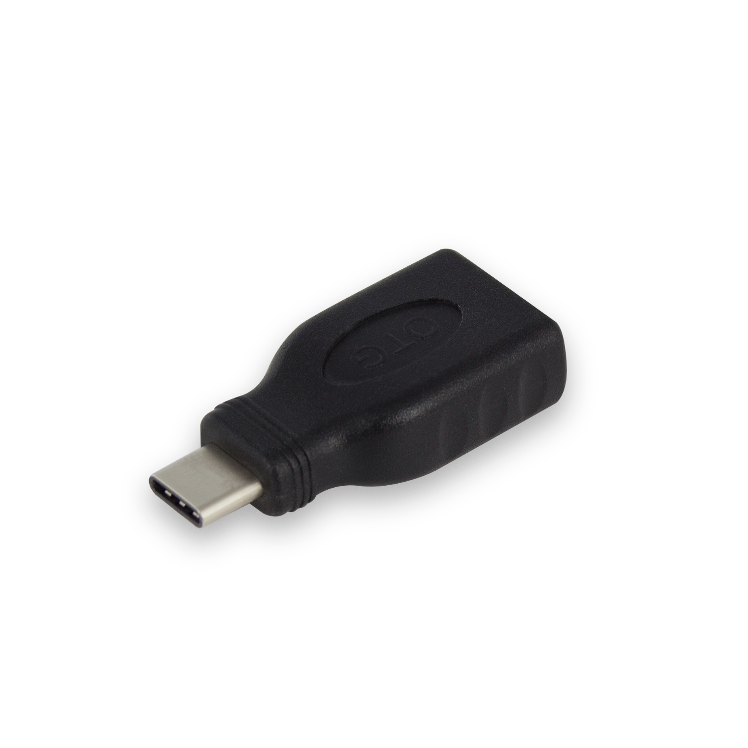 Black USB-C adapter on a white background.