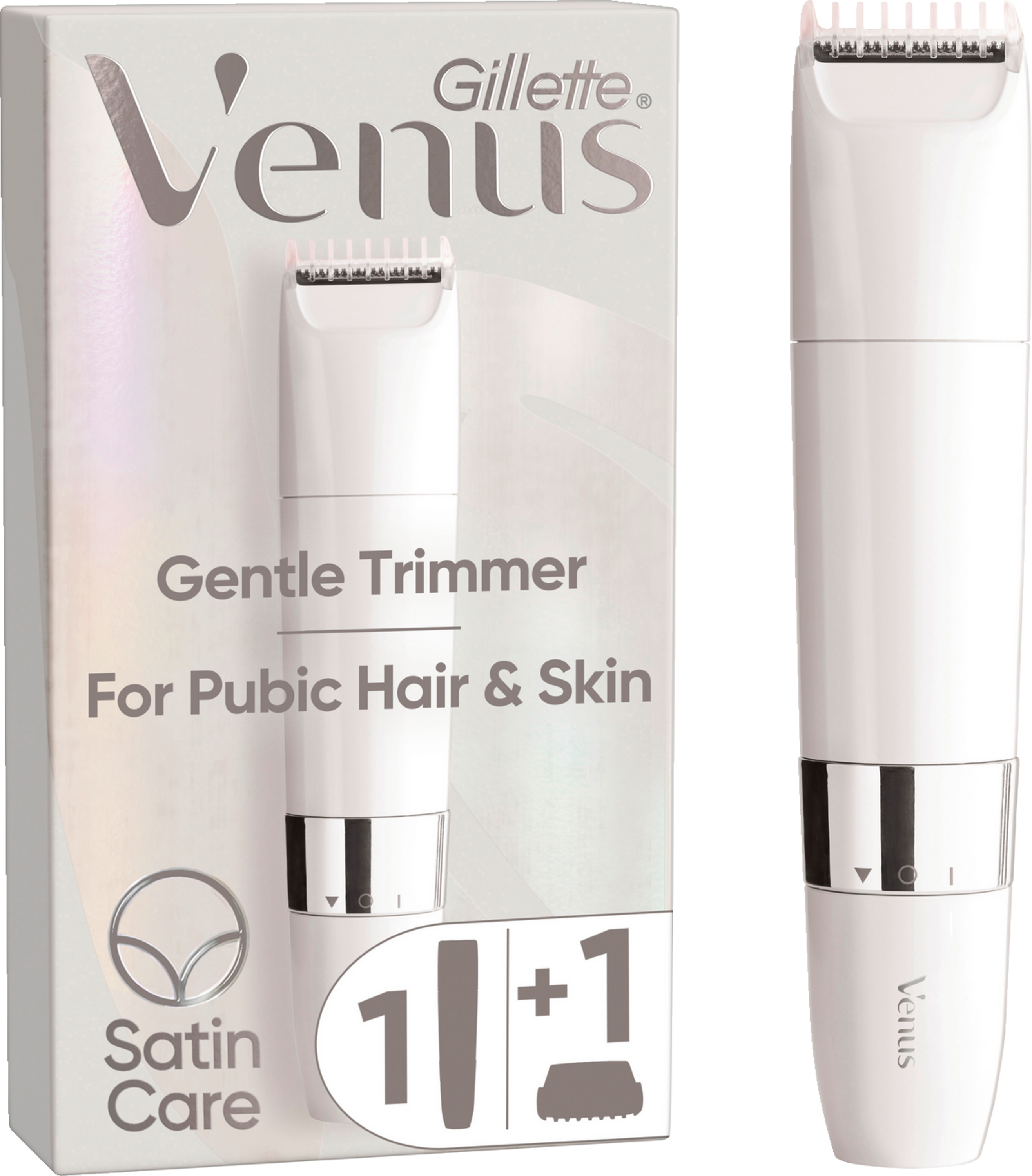 Weißer Venus Trimmer und Box. Auf der Box steht: Venus Gentle Trimmer Für Intimhaar & Haut. Weißer Hintergrund.