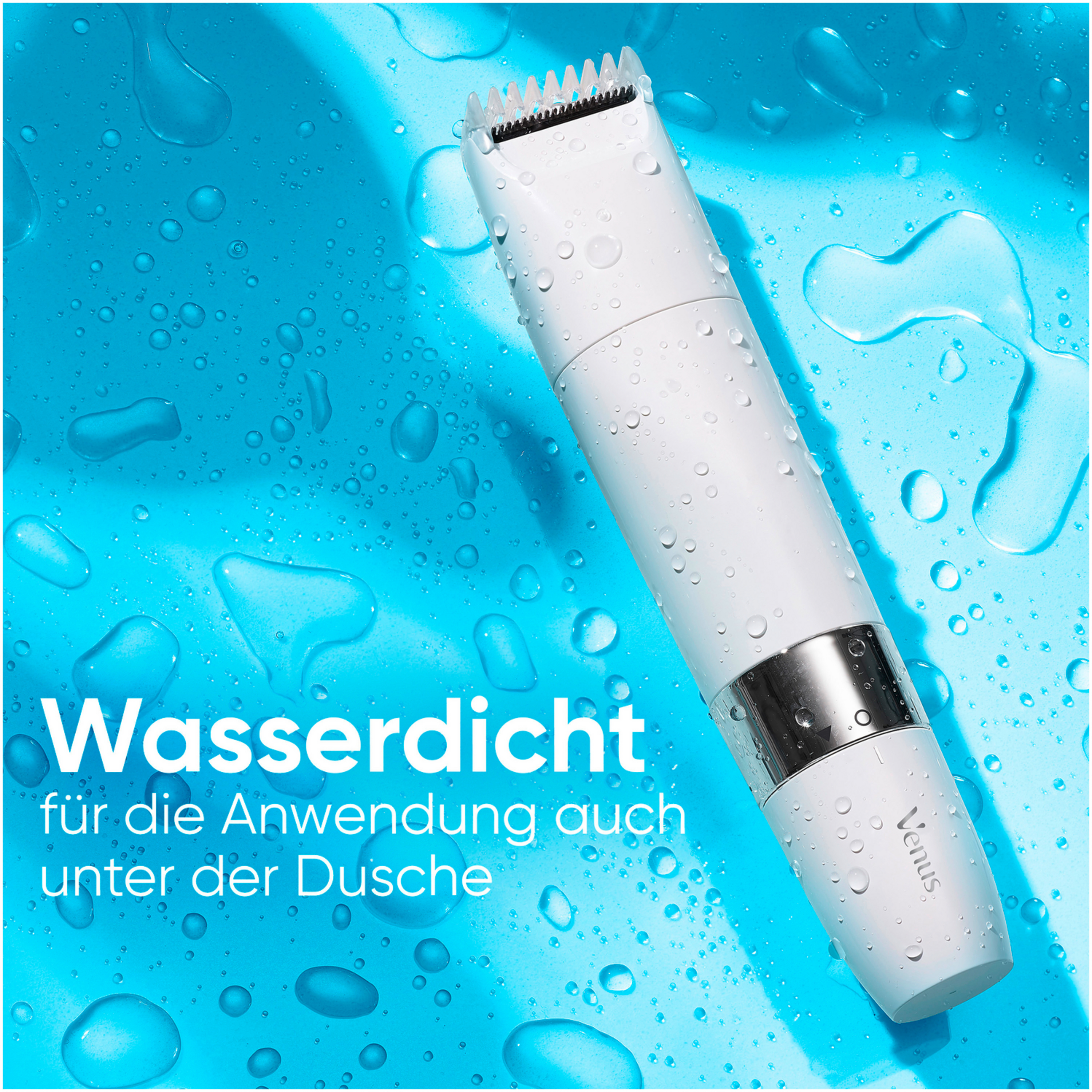 Weißer, wasserdichter Venus-Elektro-Rasierer mit Wassertropfen auf blauem Hintergrund.