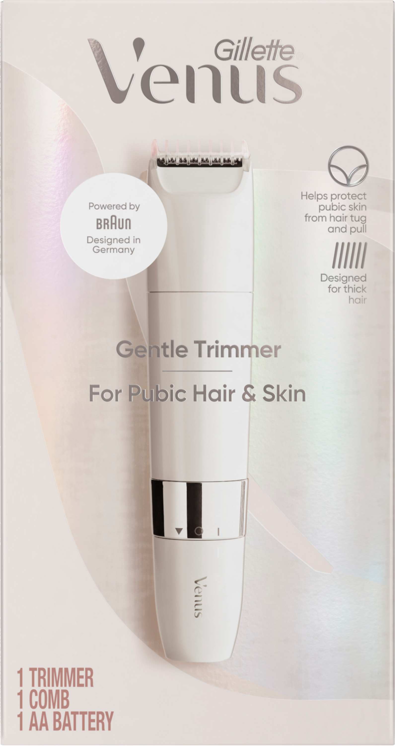 Ein weißer Gillette Venus Trimmer für Intimhaar und Haut, mit Verpackung. Das Produkt wurde von Braun entworfen.