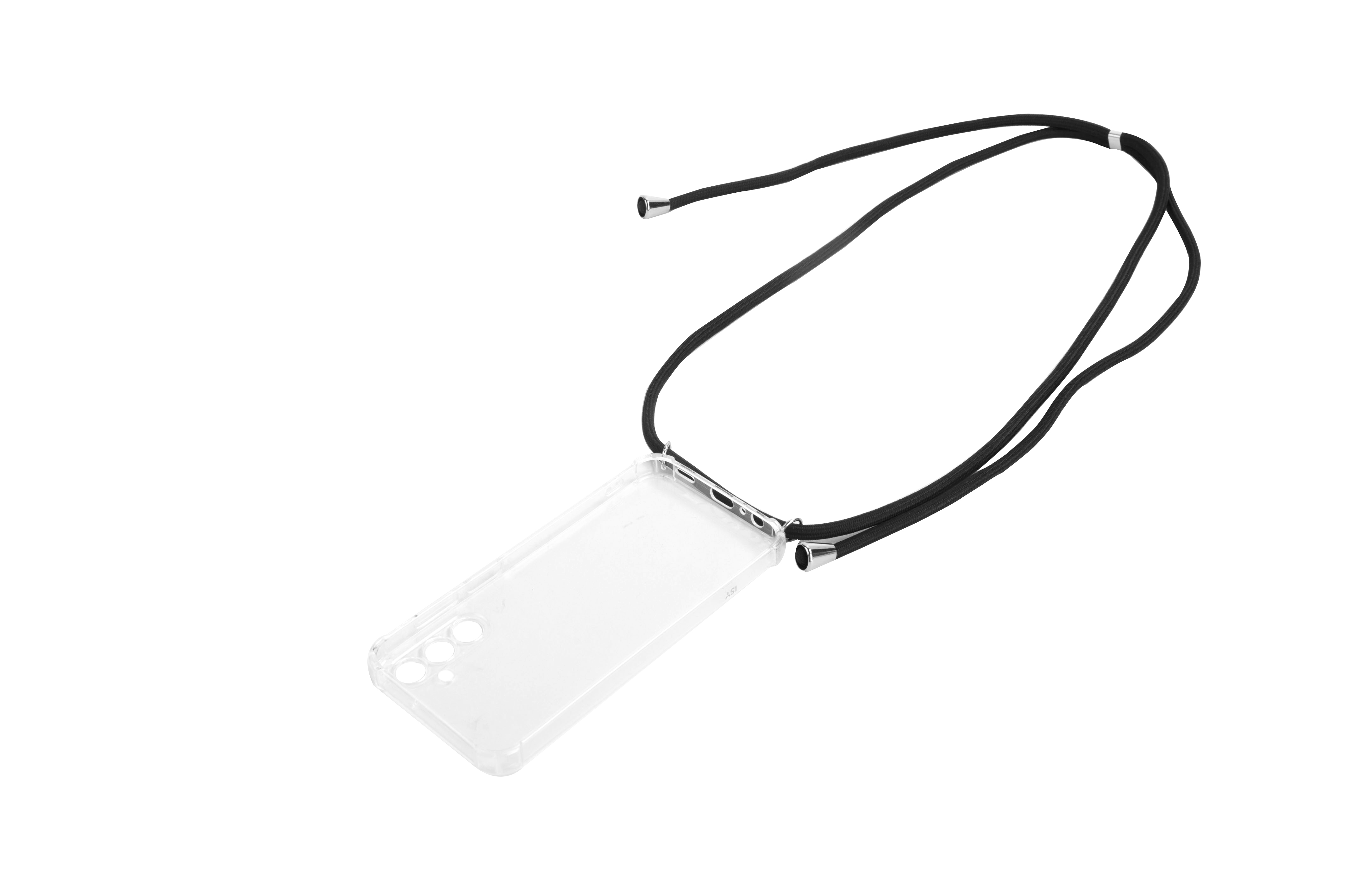 Transparente Handyhülle mit schwarzem Umhängeband. Die Hülle ist um das Telefon.