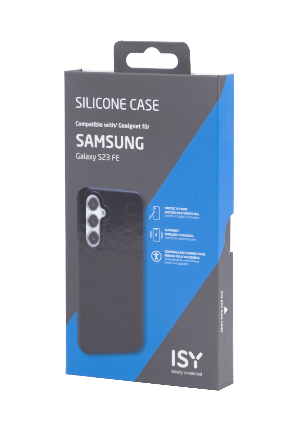Telefonhüllenbox für Samsung Galaxy S23 FE, mit Telefonumriss und Hüllenillustration.