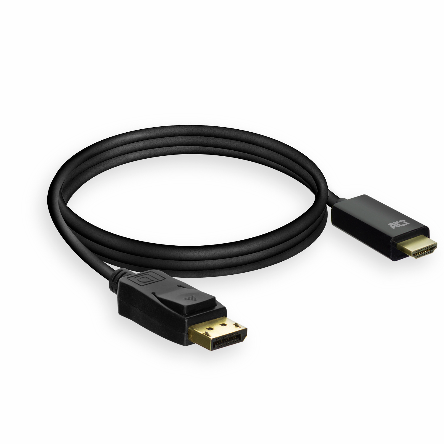 Black DisplayPort to HDMI cable, with connectors at each end and a black cable.