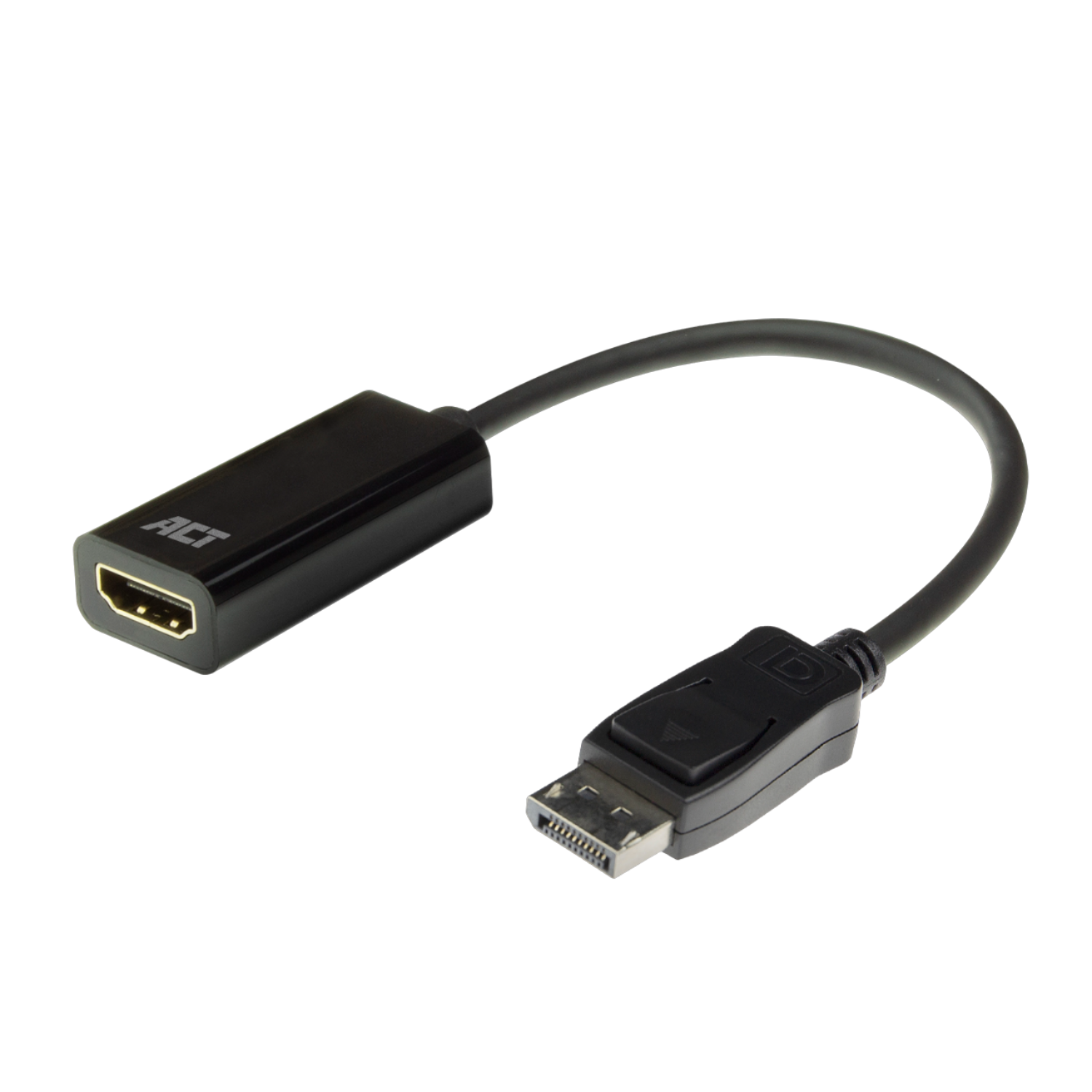 Zwarte HDMI naar DisplayPort adapter. Zwarte kabel met HDMI en DisplayPort connectoren. Zwarte achtergrond.