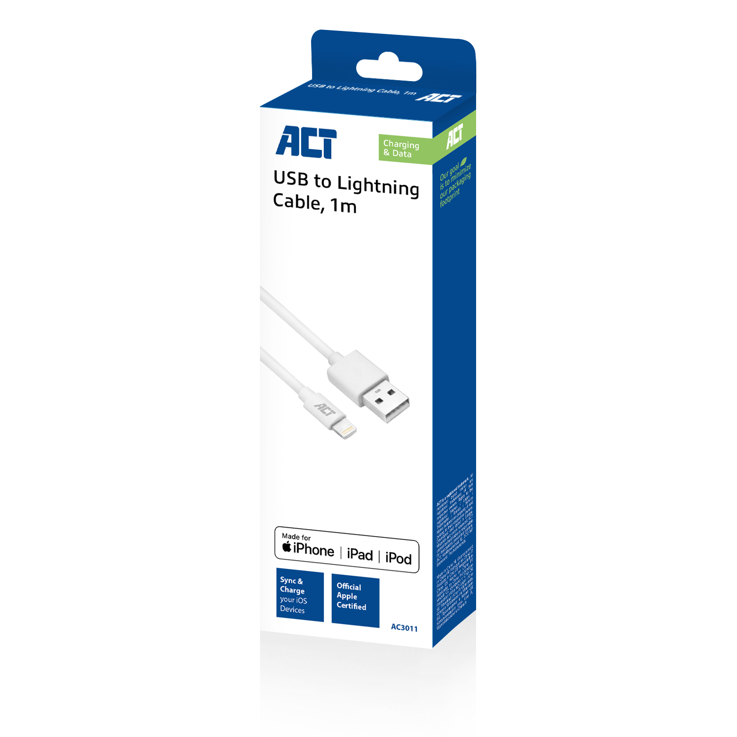 A white USB to Lightning cable packaging. Shows the cable and the ACT brand. The background is white.