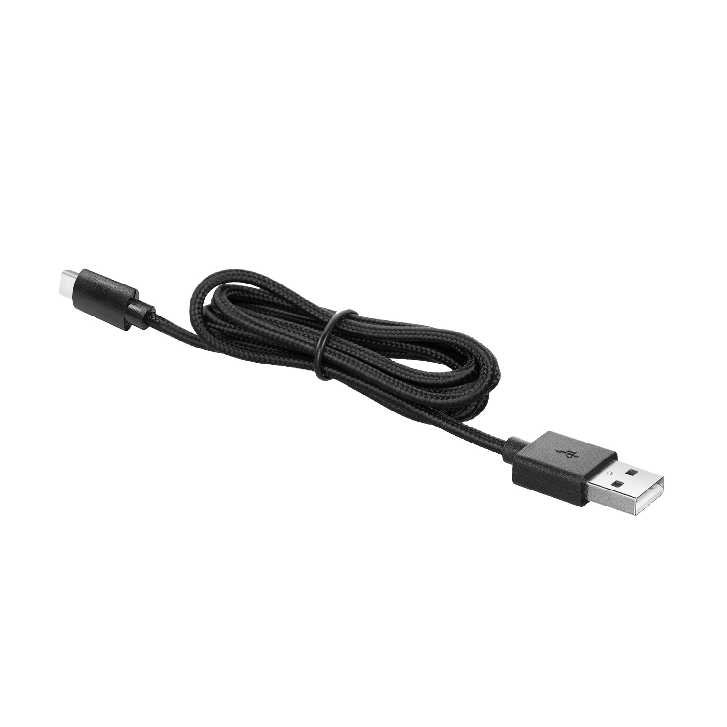 Black USB to Micro USB cable, coiled.