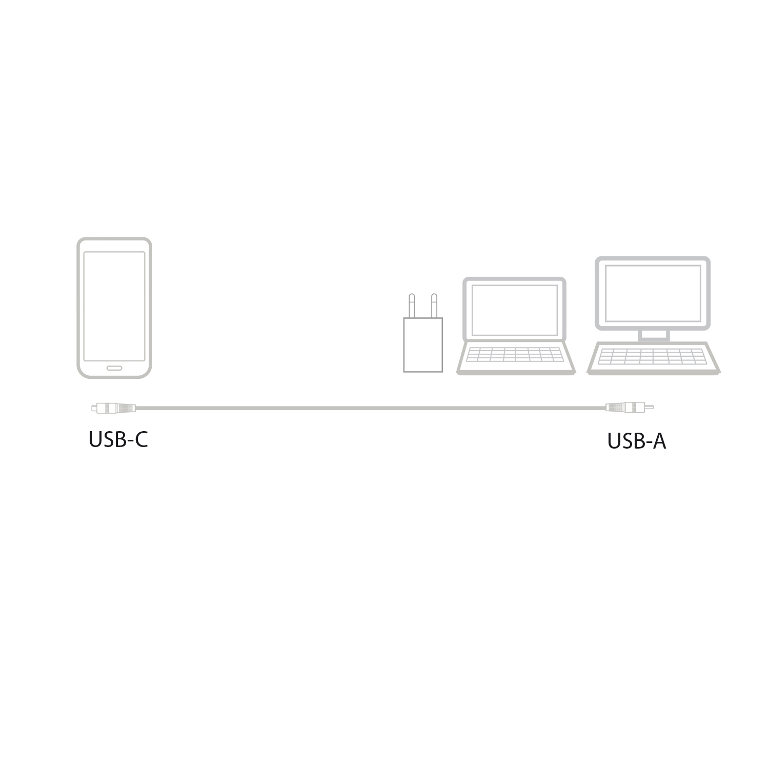 Illustration of a USB-C cable connected to a smartphone and a USB-A cable to two computers.
