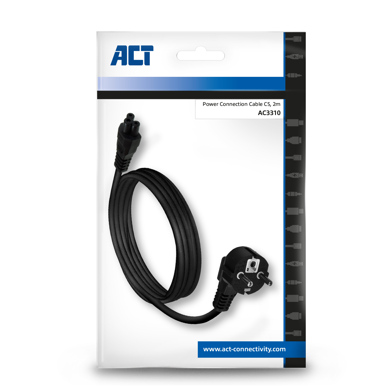 Witte verpakking met een zwarte voedingskabel en stekker, met het ACT-logo.