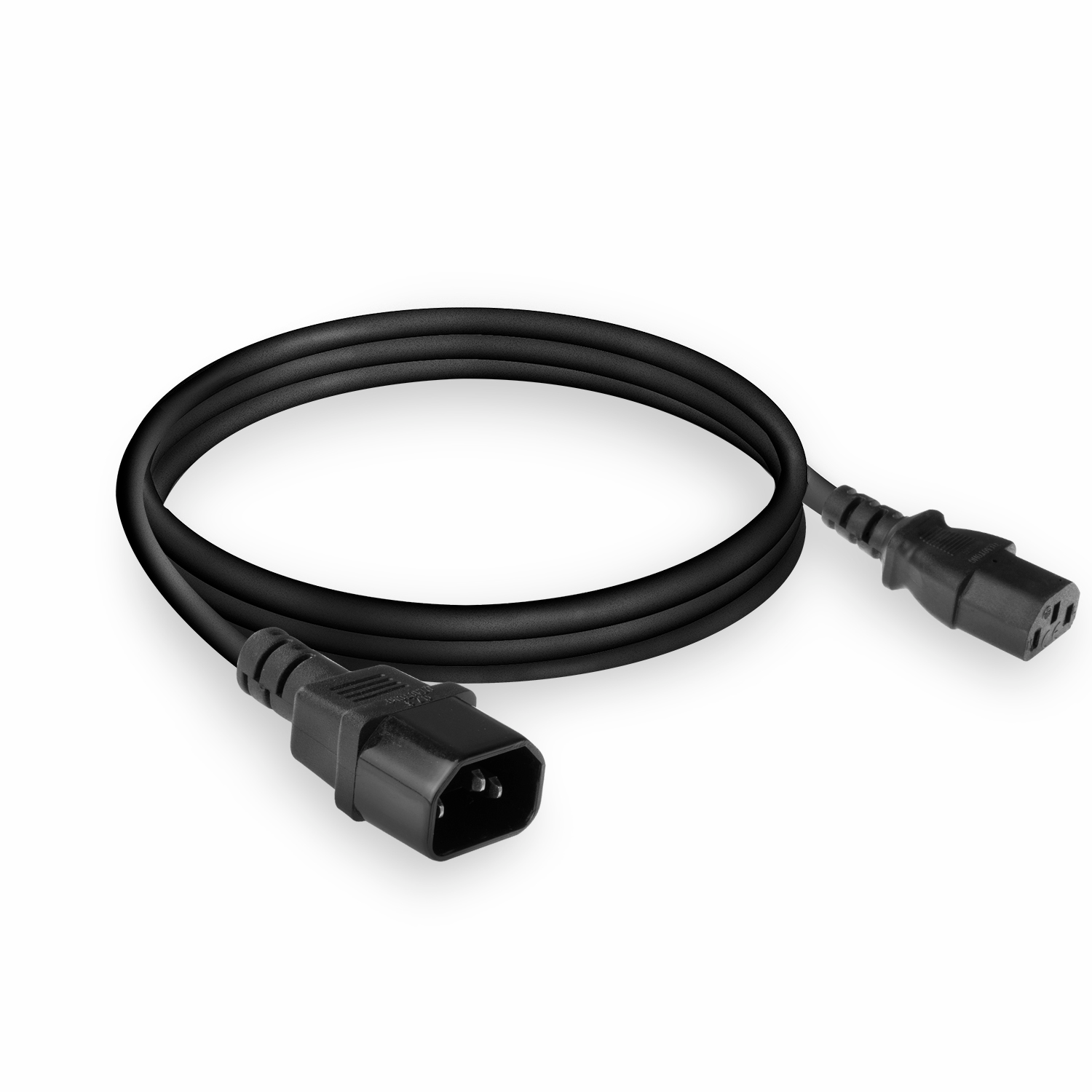 Een zwarte stroomkabel met twee C13-connectoren.