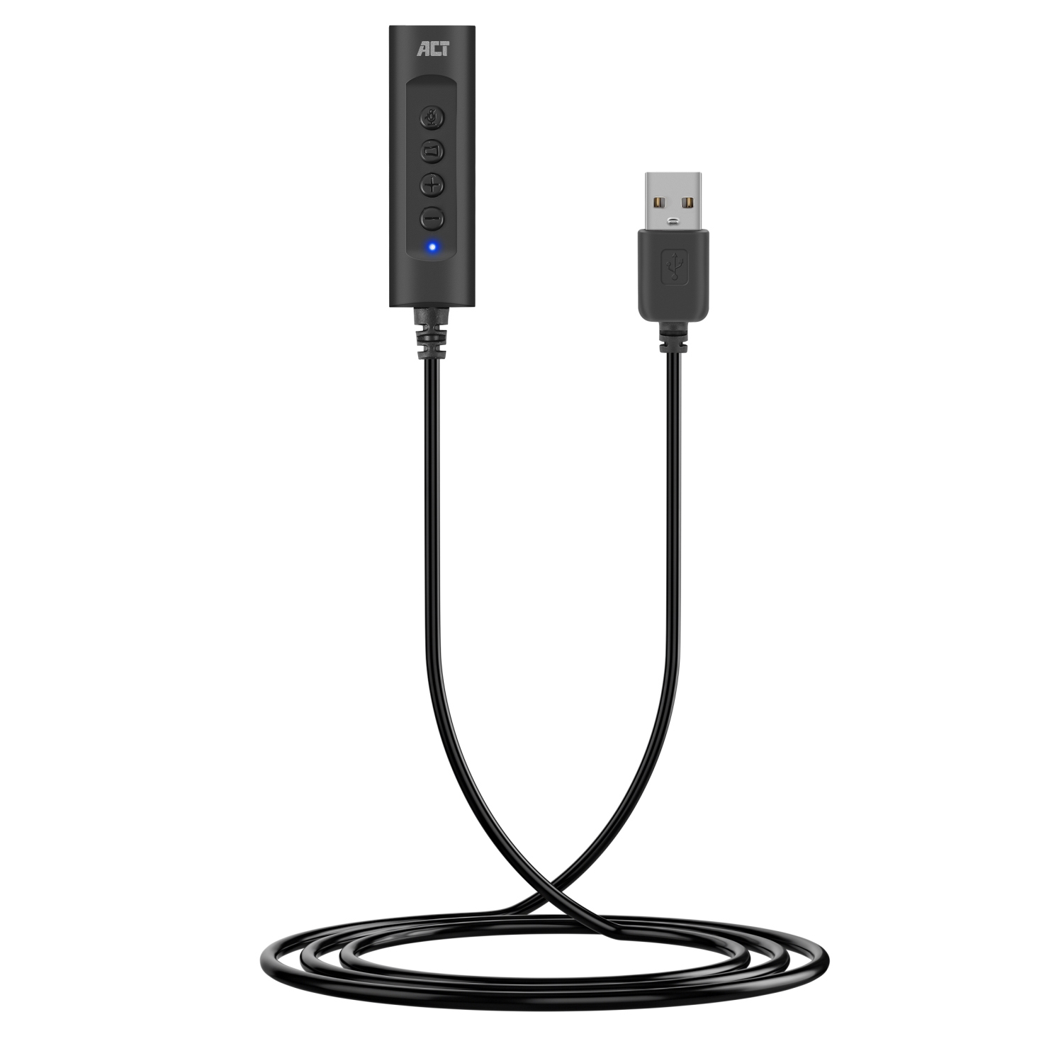 Black USB audio adapter with a USB connector and a control panel with buttons.