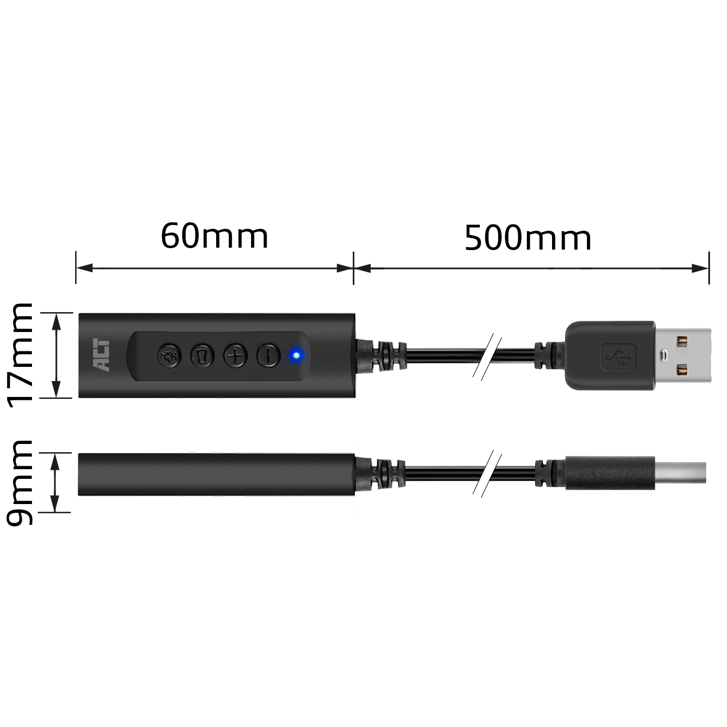 Black USB-C to USB-A adapter with measurements.