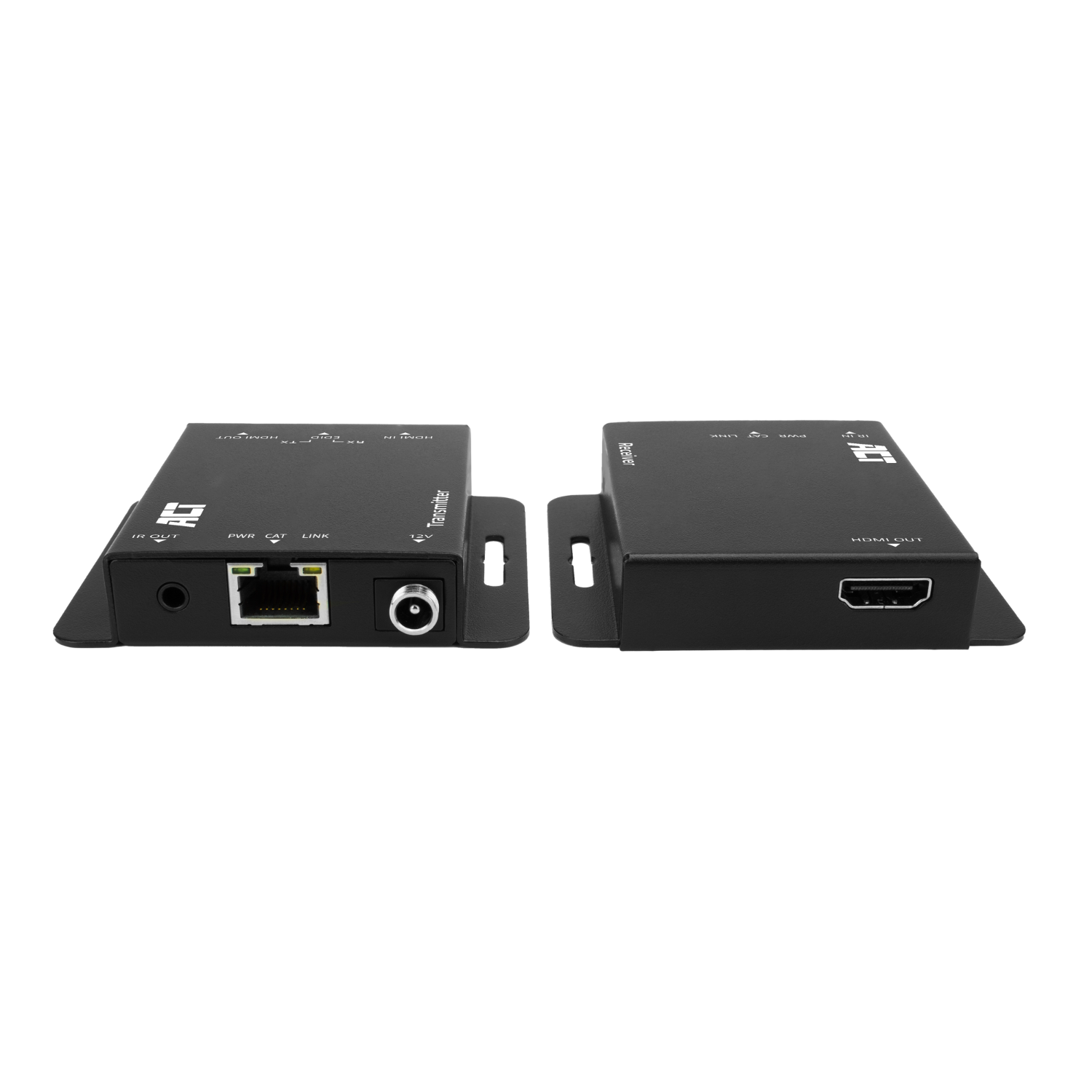 Two black rectangular devices with various ports, and a white background.