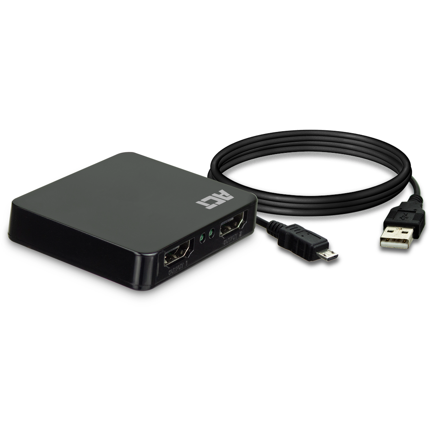 A black ACT HDMI switch with a USB cable and two HDMI cables connected.