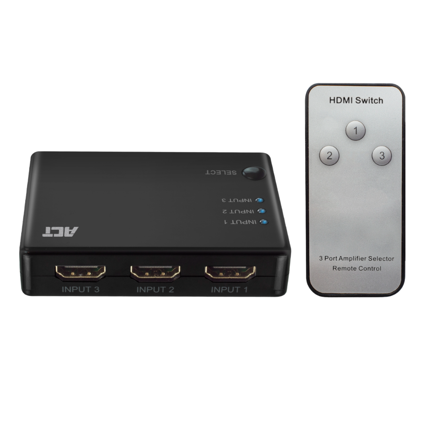 Zwarte HDMI-switch met afstandsbediening, gemarkeerd met ingangspoorten en selector.