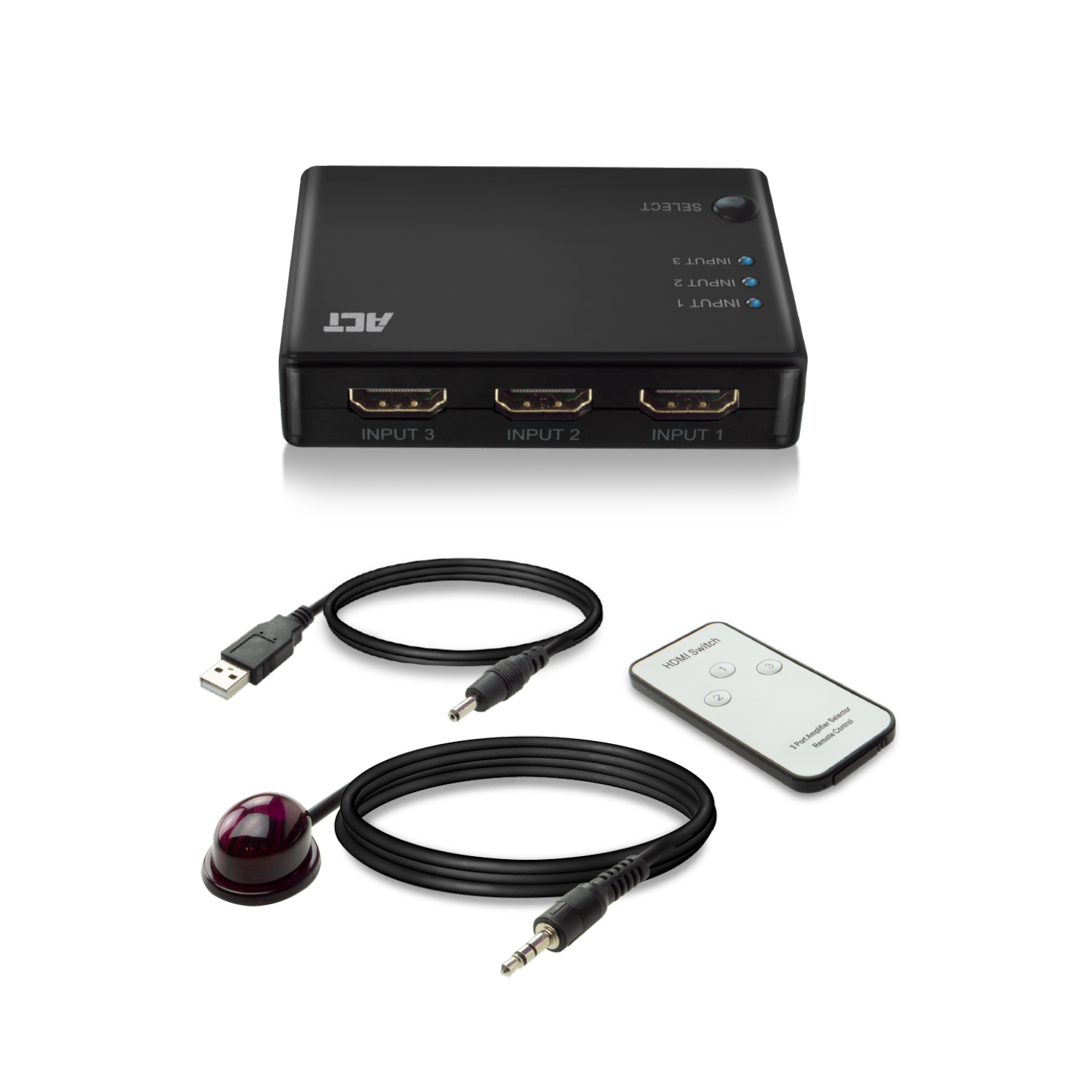 Zwarte HDMI-switch met ingangspoorten en afstandsbediening, met USB- en audiokabels.