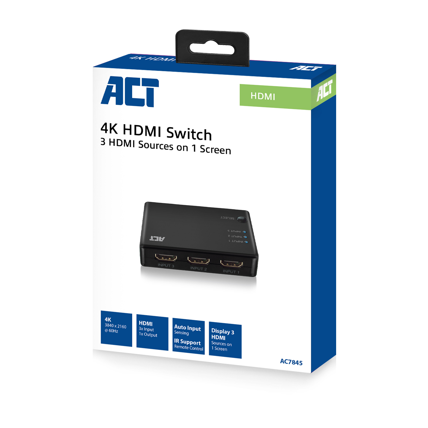 Doos voor een 4K HDMI switch. De doos is wit en blauw, met een zwarte switch erin.