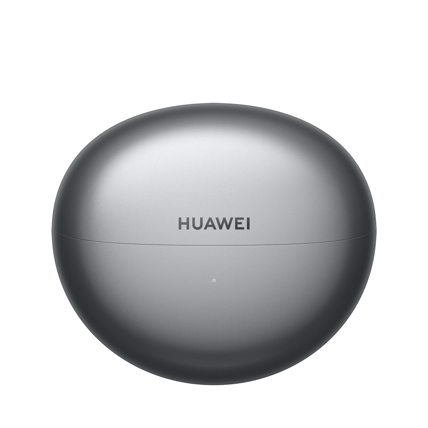 Ein graues, oval geformtes Ohrhörer-Ladecase mit dem Wort HUAWEI darauf.