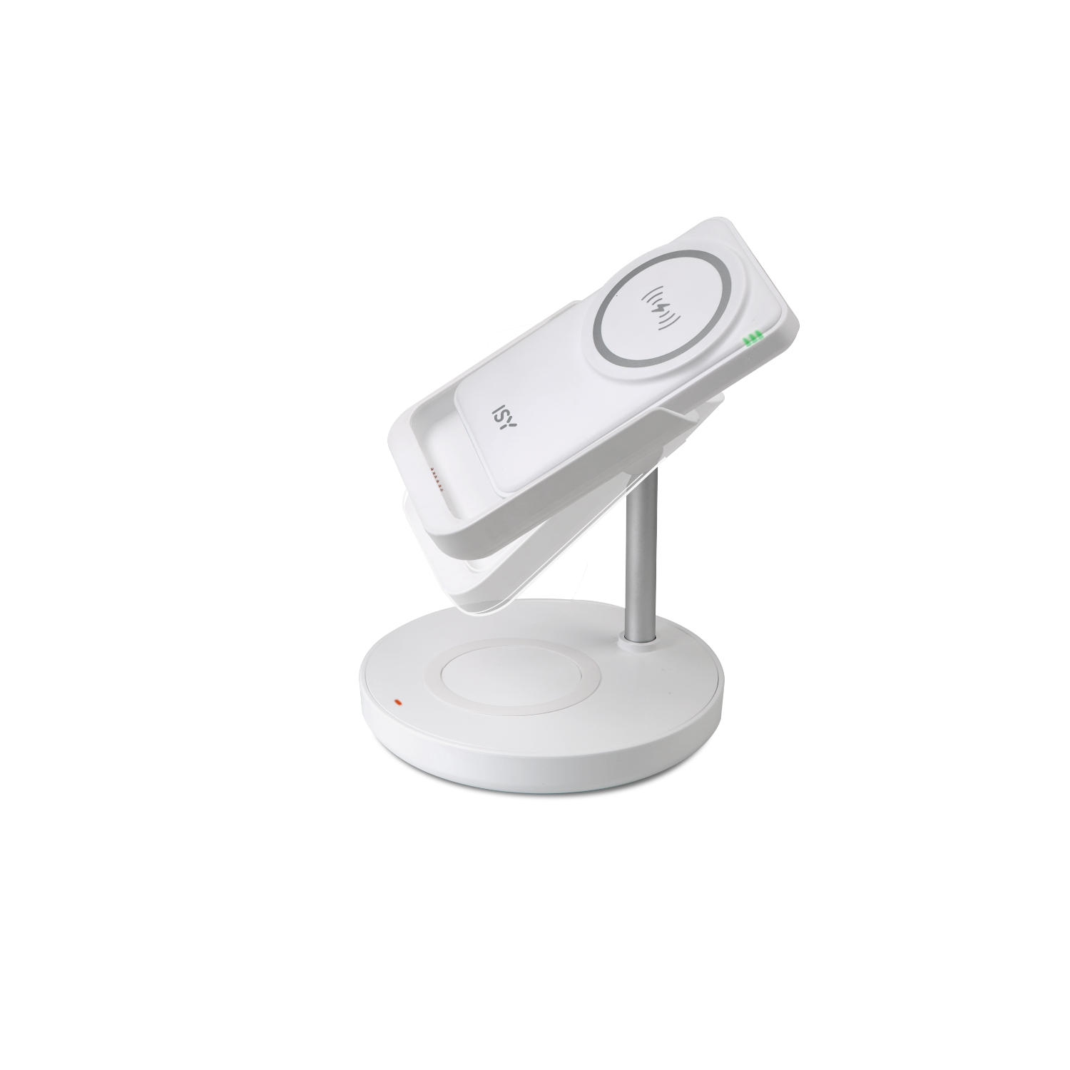 White wireless charging stand with a phone, set at an angle, on a circular base.