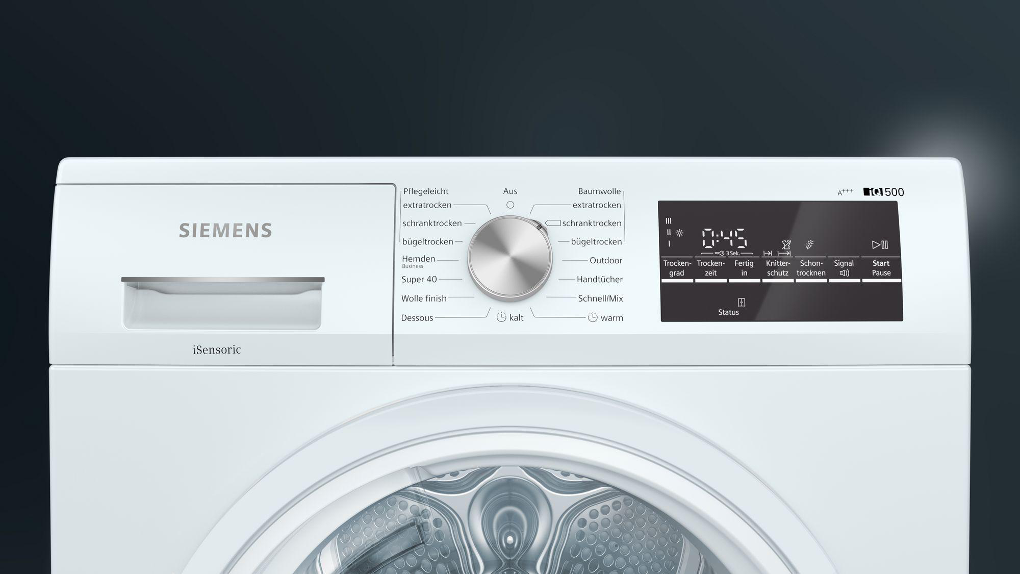 Weißes Bedienfeld der Siemens Waschmaschine mit verschiedenen Einstellungen und digitaler Anzeige.