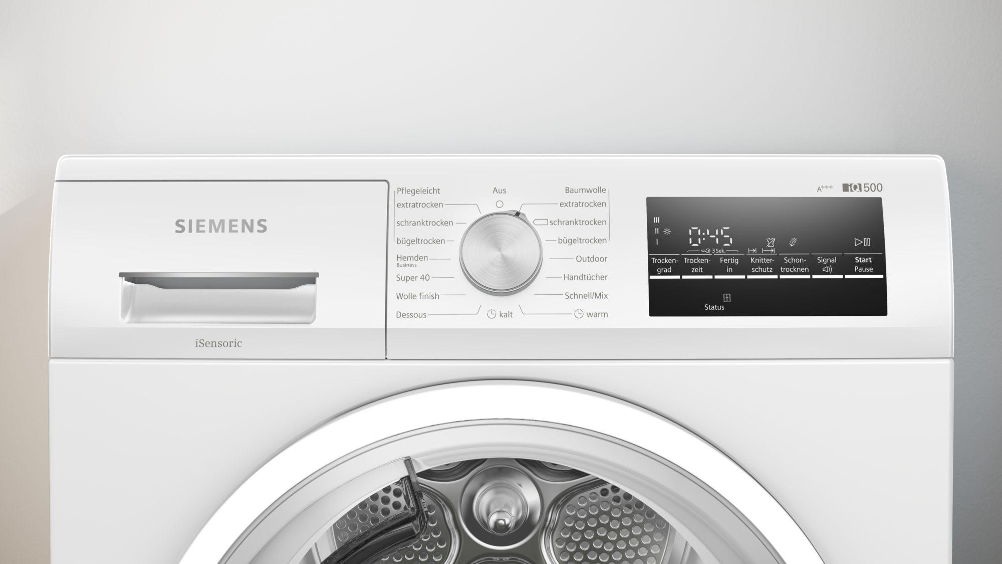 Bedienfeld einer weißen Siemens Waschmaschine mit Drehregler, Tasten und Display.