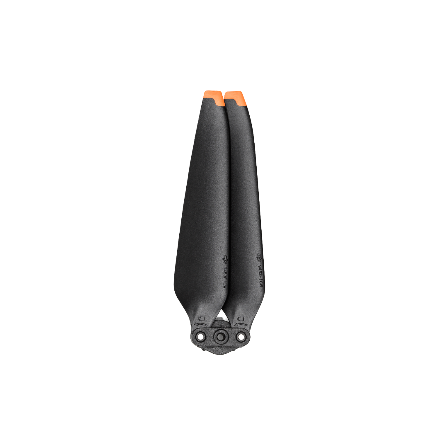 Twee zwarte drone-propellers met oranje uiteinden, op een witte achtergrond.