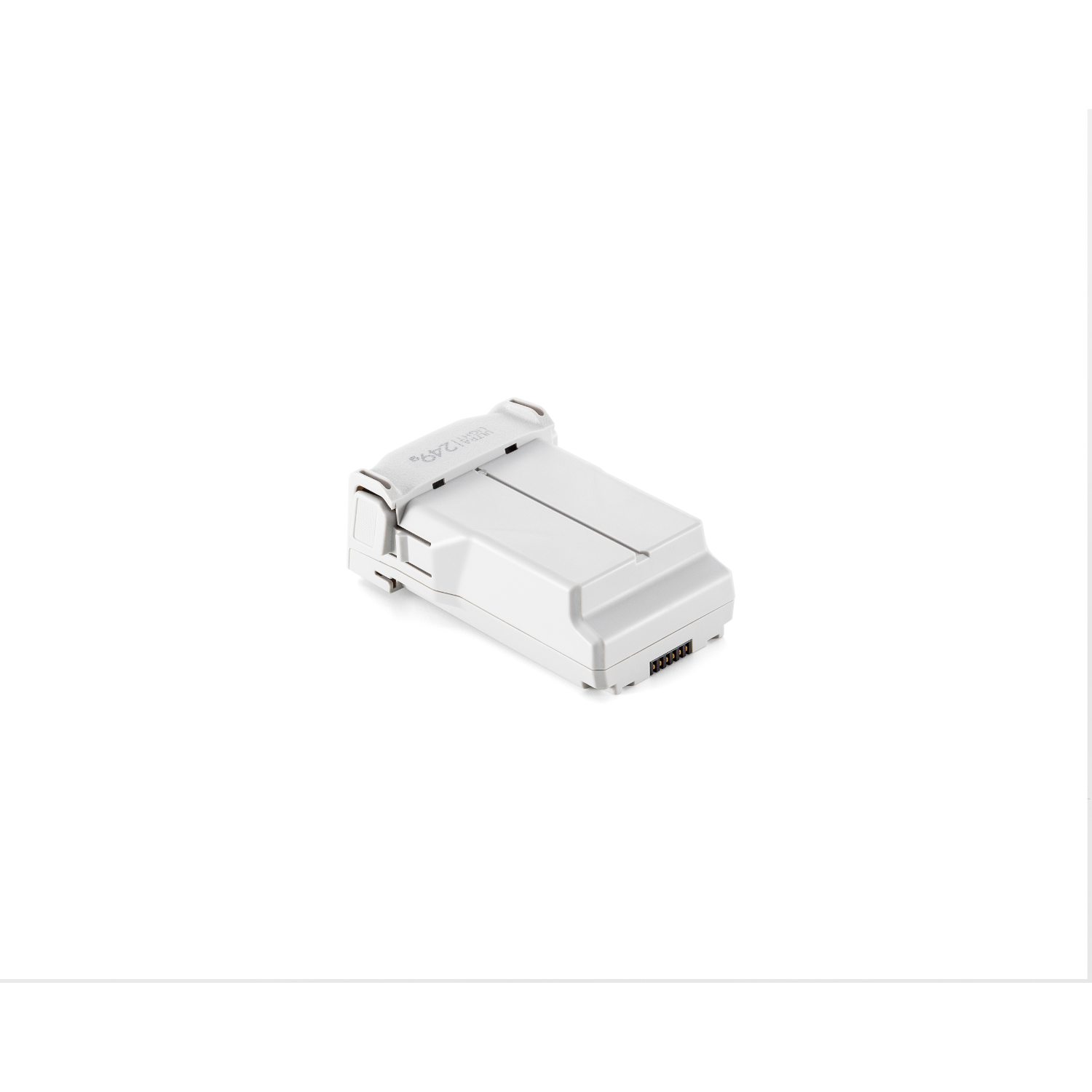 Witte dronebatterij op witte achtergrond. Het heeft een rechthoekige vorm en markeringen.