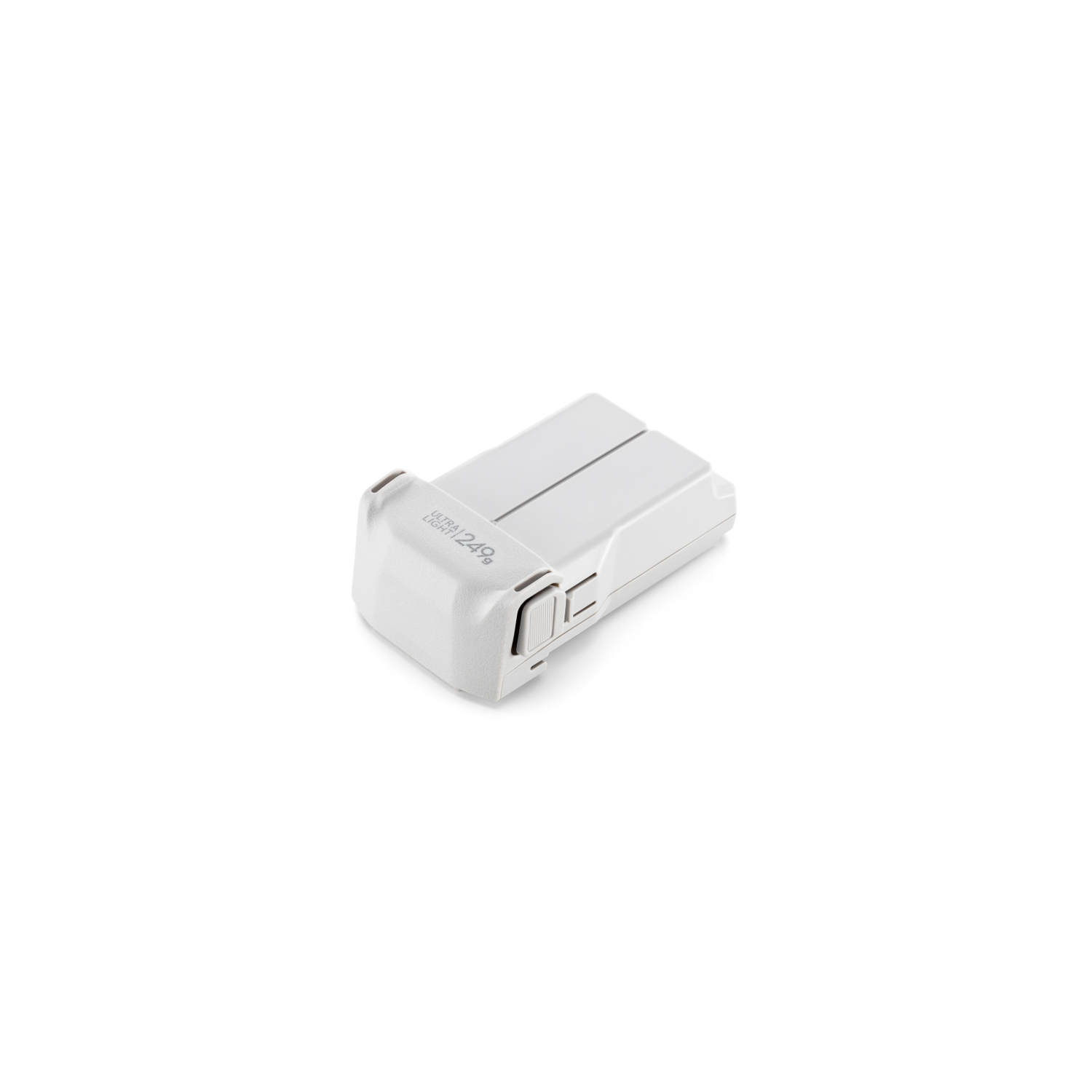Een witte drone-accu, witte achtergrond. De batterij heeft een label 'DJI Mini 249g'.