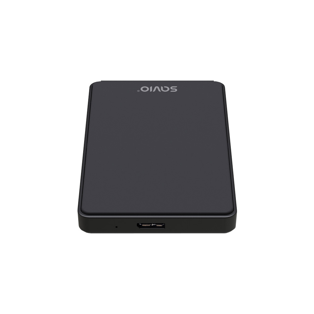 Fekete Savio külső merevlemez, téglalap alakú, USB porttal.