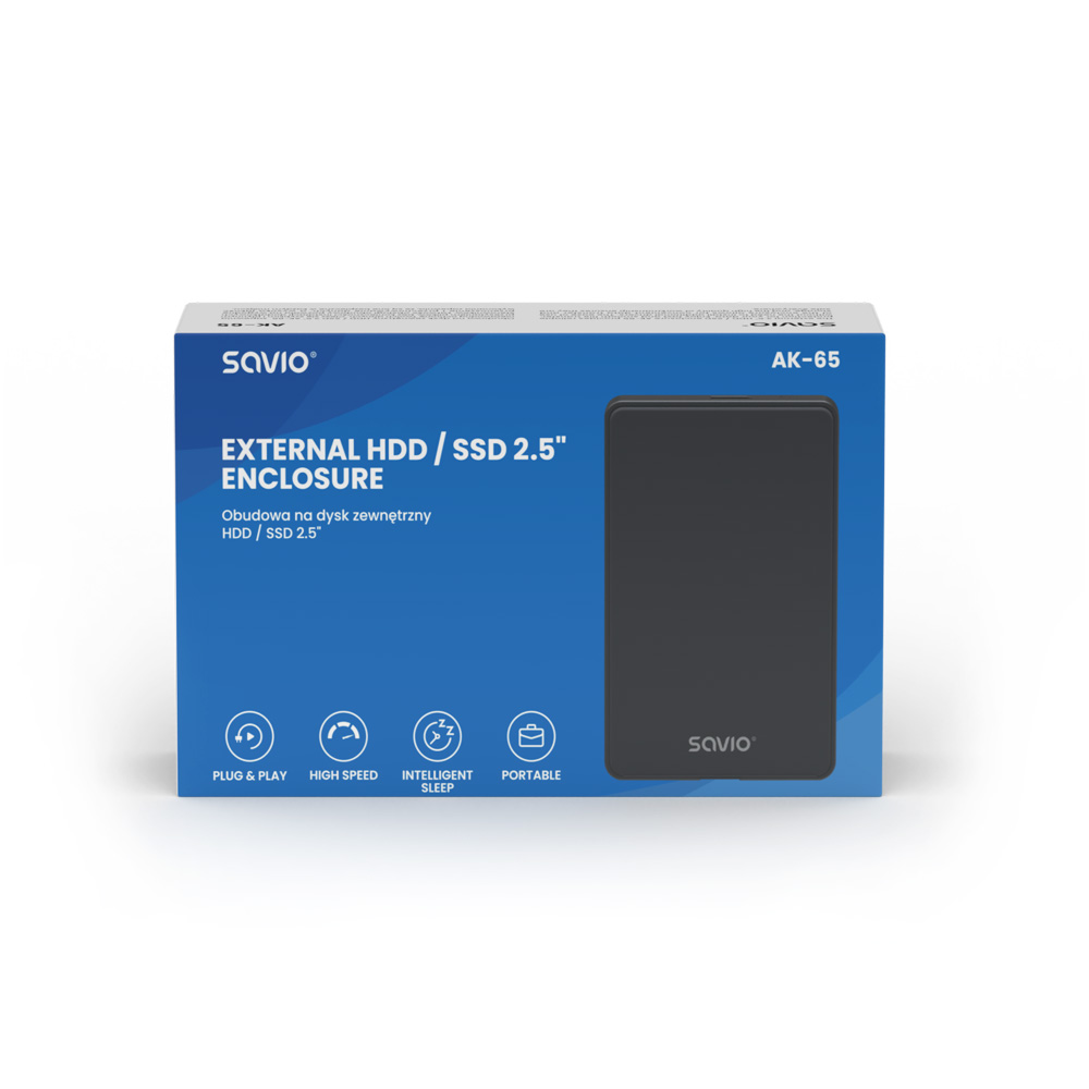 Savio külső HDD/SSD ház dobozban, termékadatokkal és ikonokkal, fehér háttérrel.