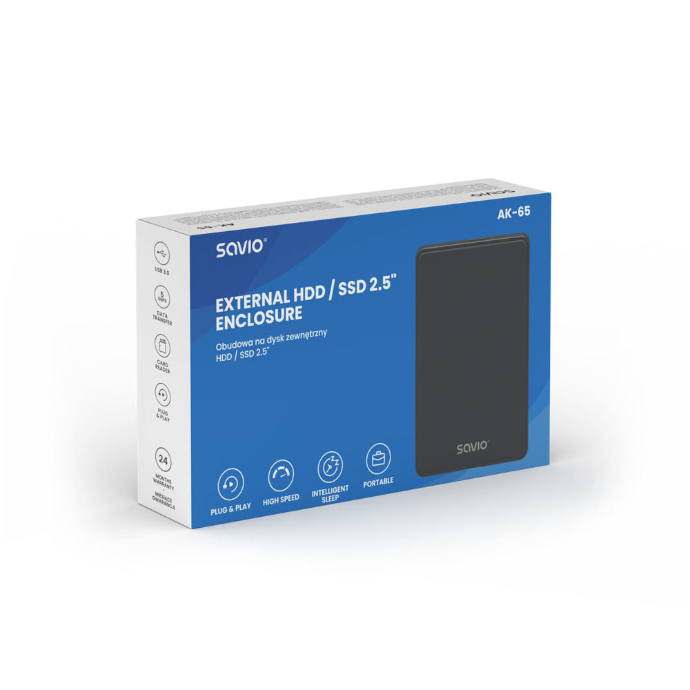Külső HDD doboza. A HDD-t, a 'SAVIO' nevet és a funkciók ikonjait mutatja.