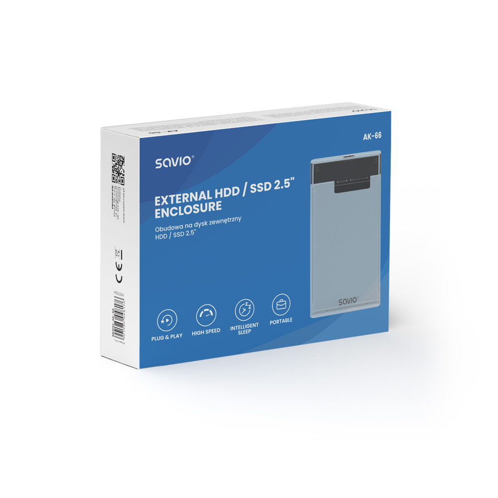 Fehér és szürke doboz egy külső HDD/SSD házhoz, termékadatokkal és logókkal.