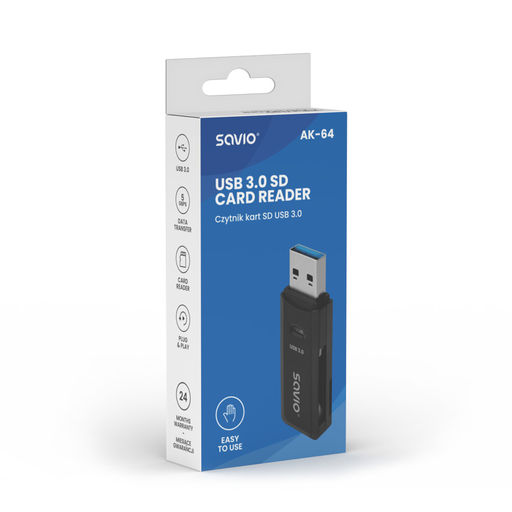 Egy doboz egy USB 3.0 SD kártyaolvasóhoz, kártyaolvasóval és USB-meghajtóval.