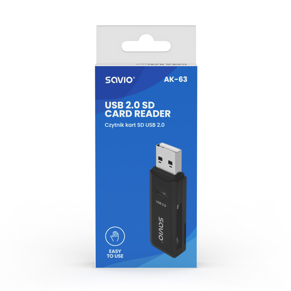 Egy USB 2.0 SD kártyaolvasó dobozban, 'USB 2.0 SD CARD READER' felirattal.