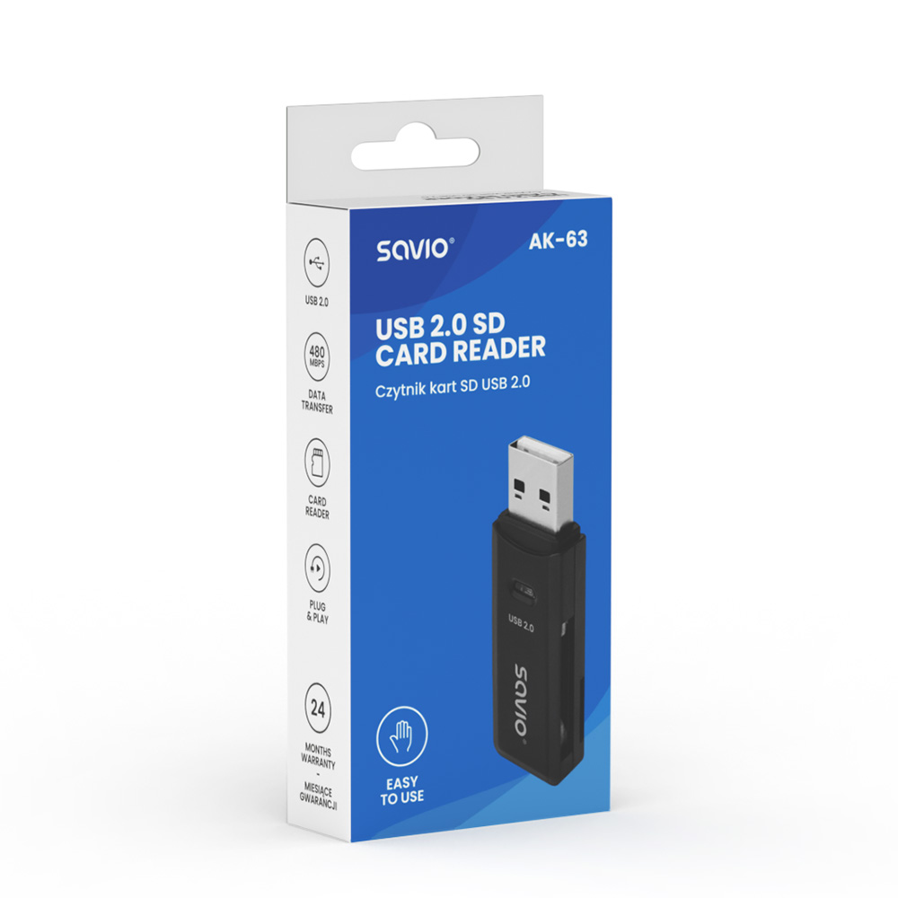 USB 2.0 SD kártyaolvasó egy dobozban. Fehér és fekete design.