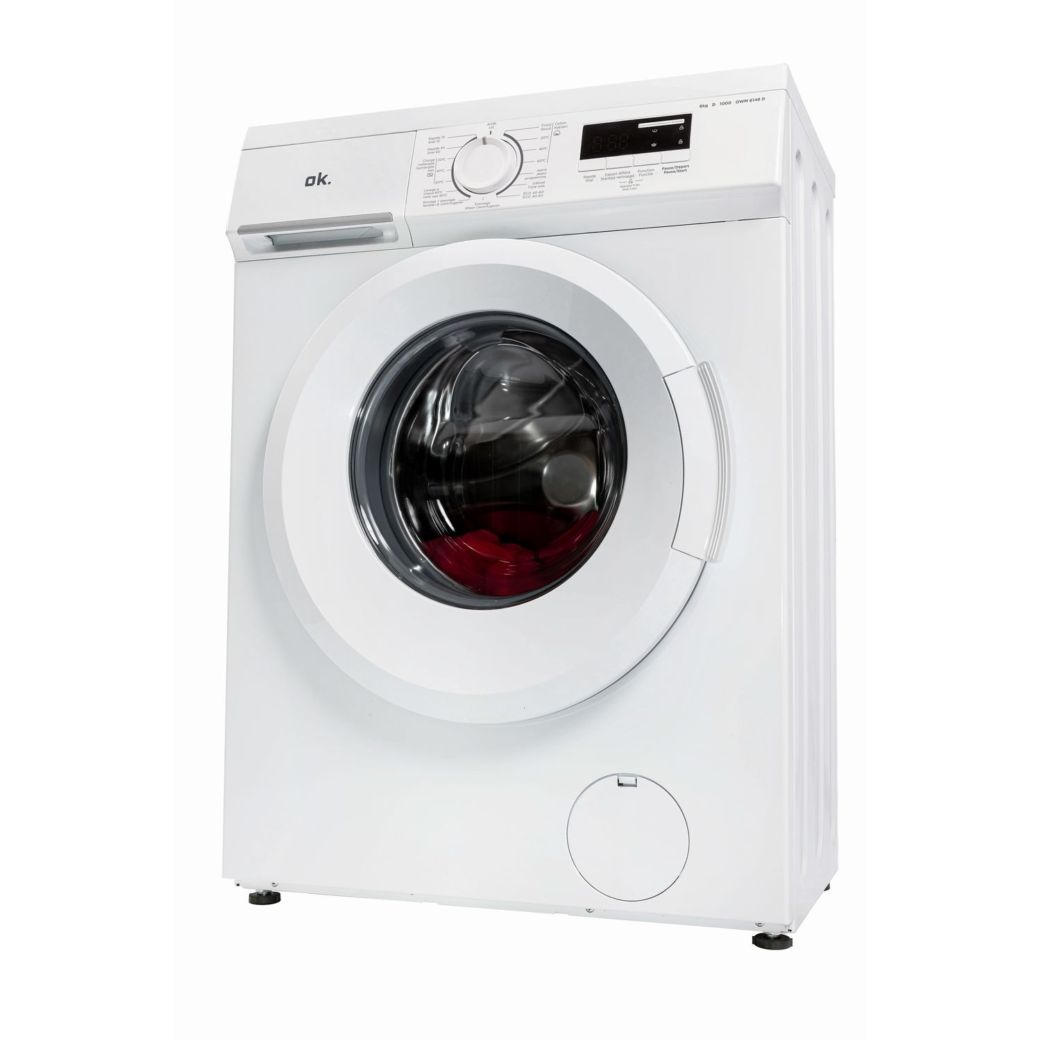 White washing machine. Front-load design. A circular door. Controls on the top. Isolated.
