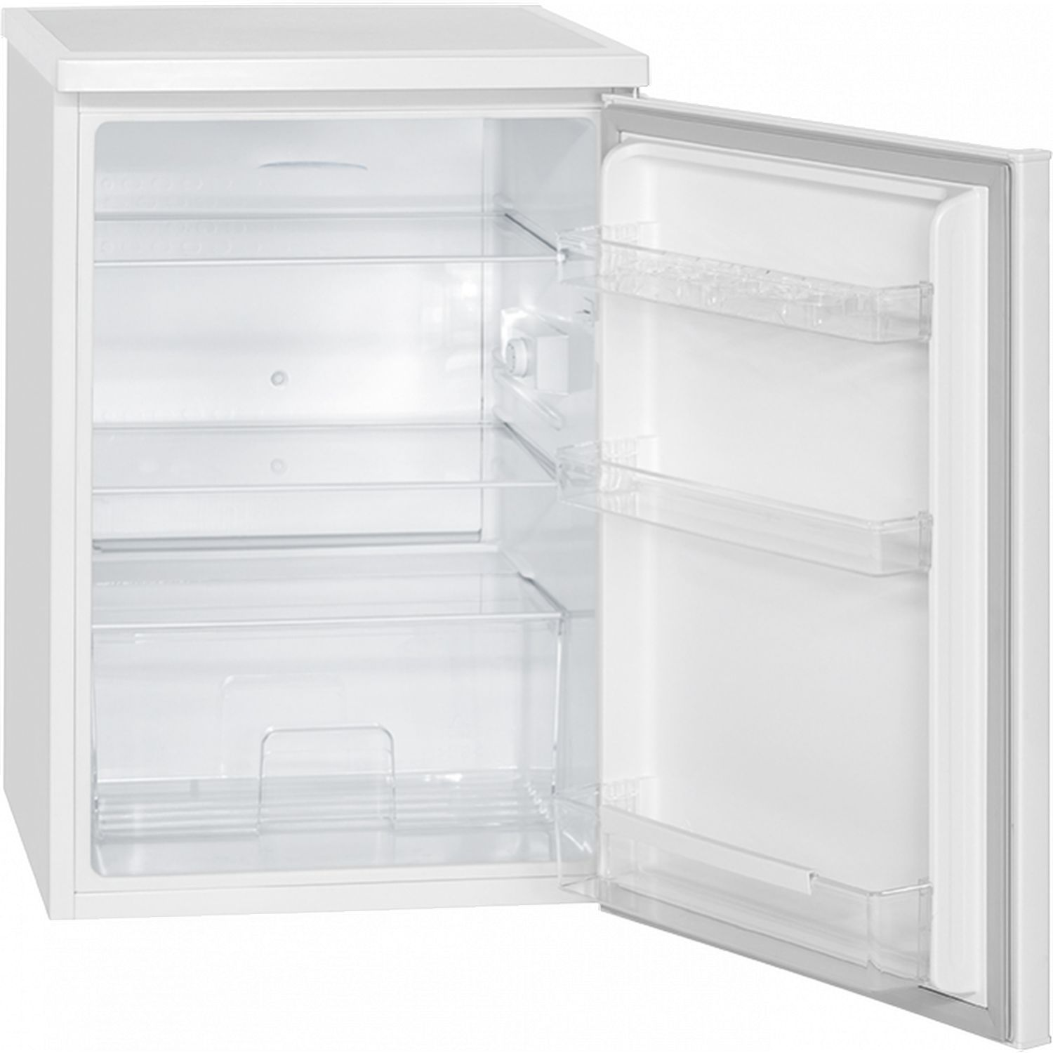 White mini-fridge with the door open, showing shelves.