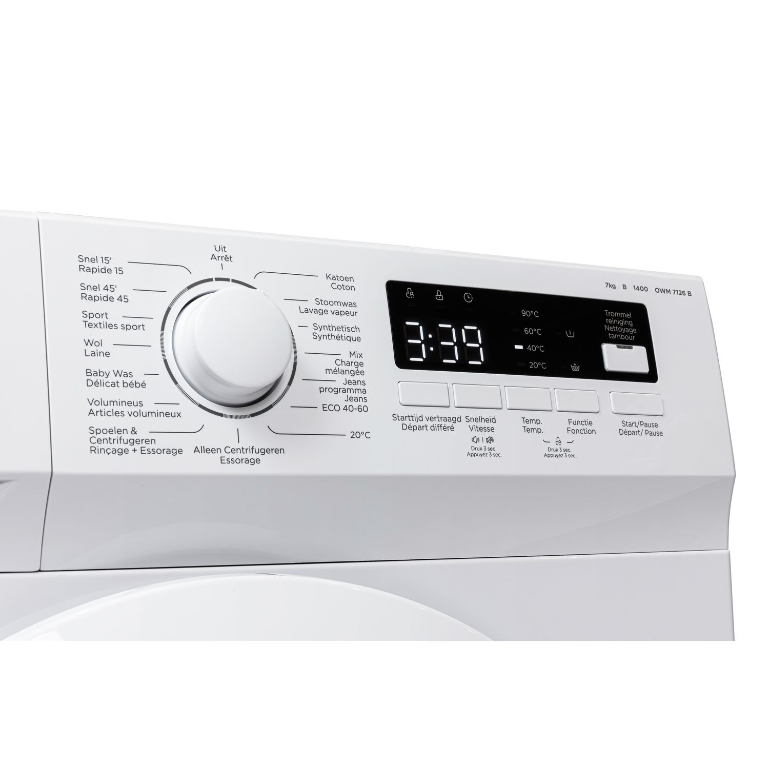 Close up of a washing machine's control panel. Displays settings and a digital timer showing 3:39.
