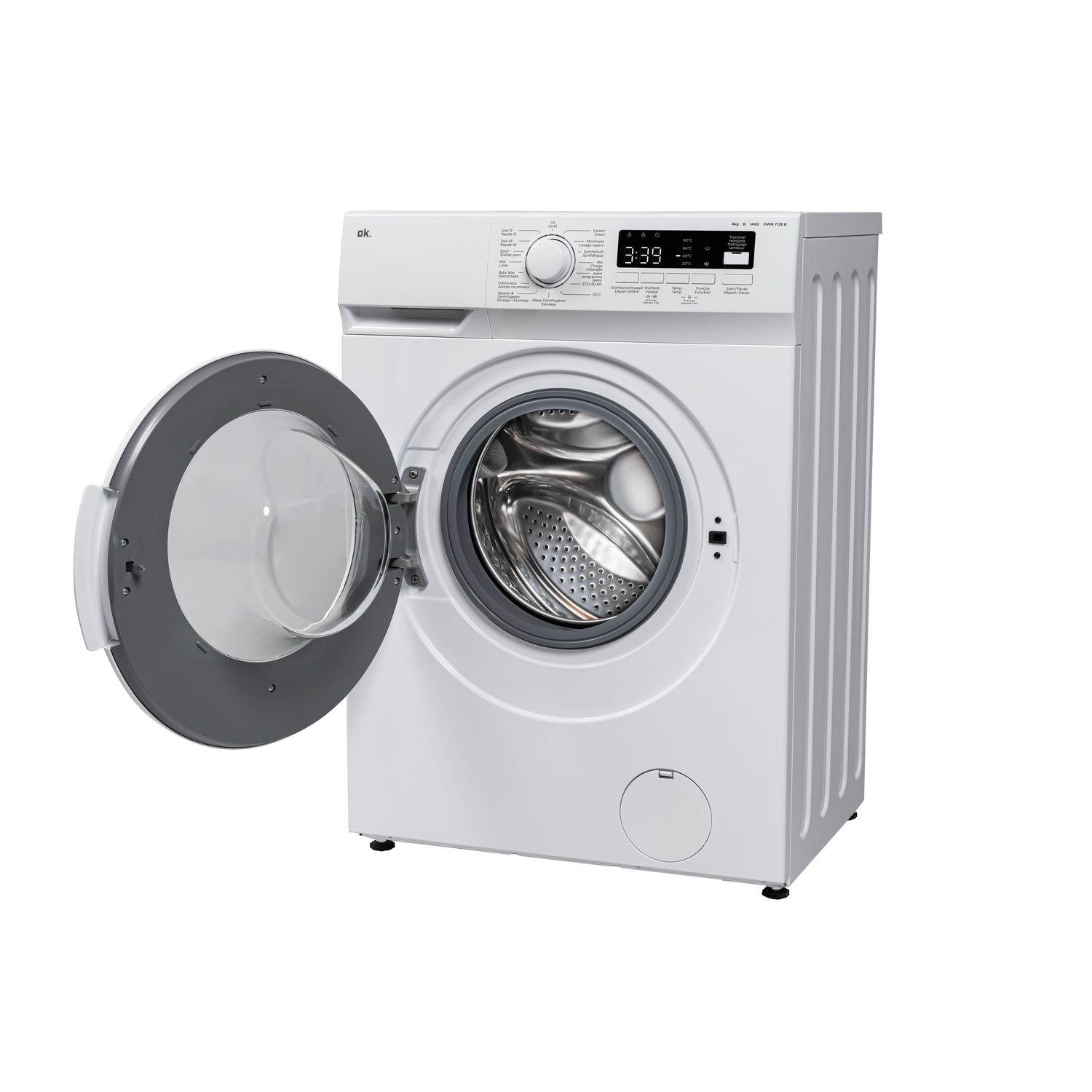 White ok. washing machine with open door. Shows interior drum.
