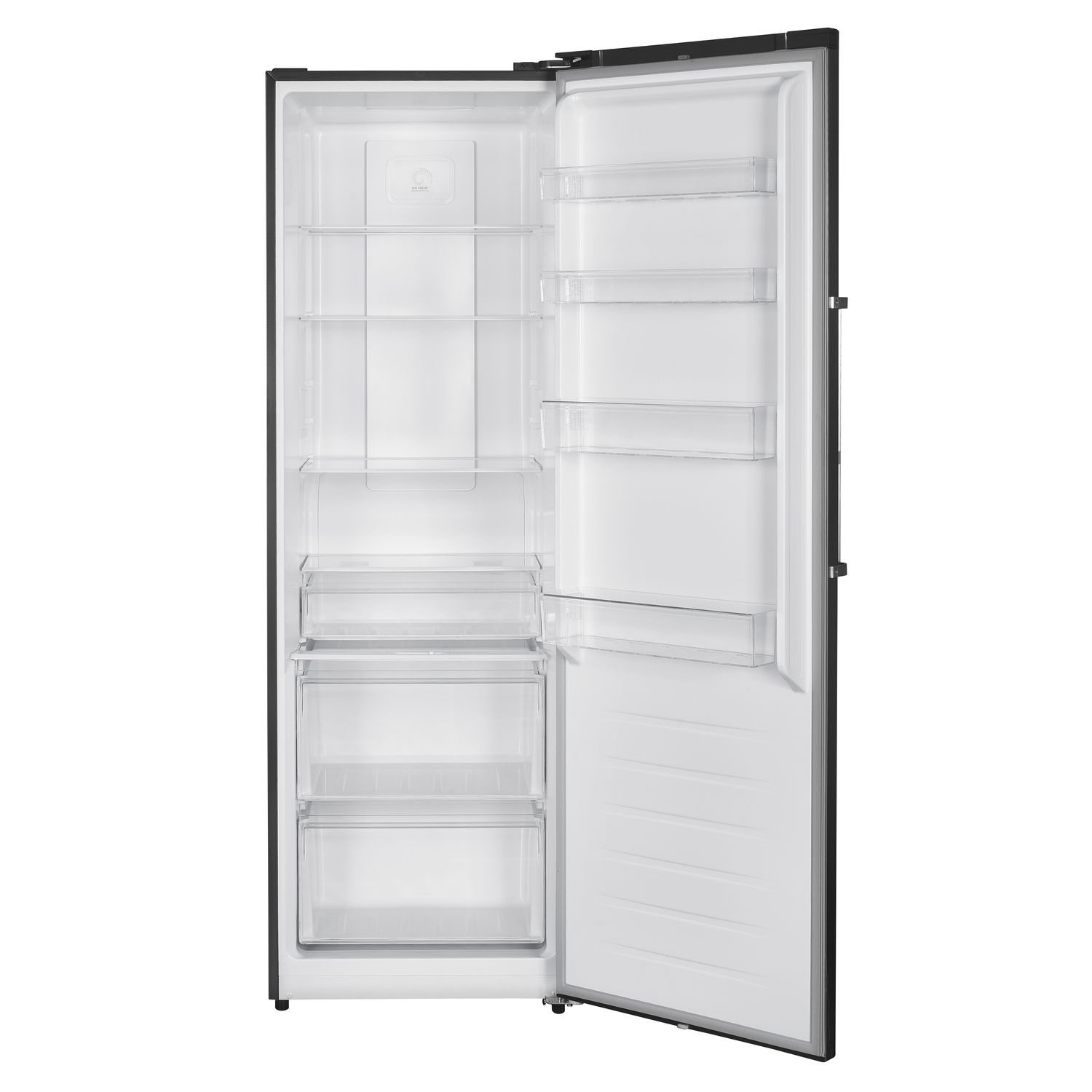 Open black refrigerator with shelves, drawers, and a light. The door is open.