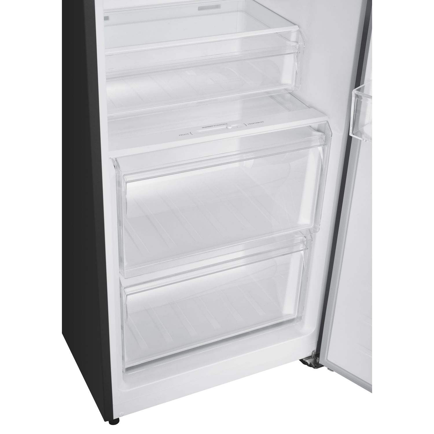 Close-up inside a refrigerator with three clear drawers. The drawers are empty.