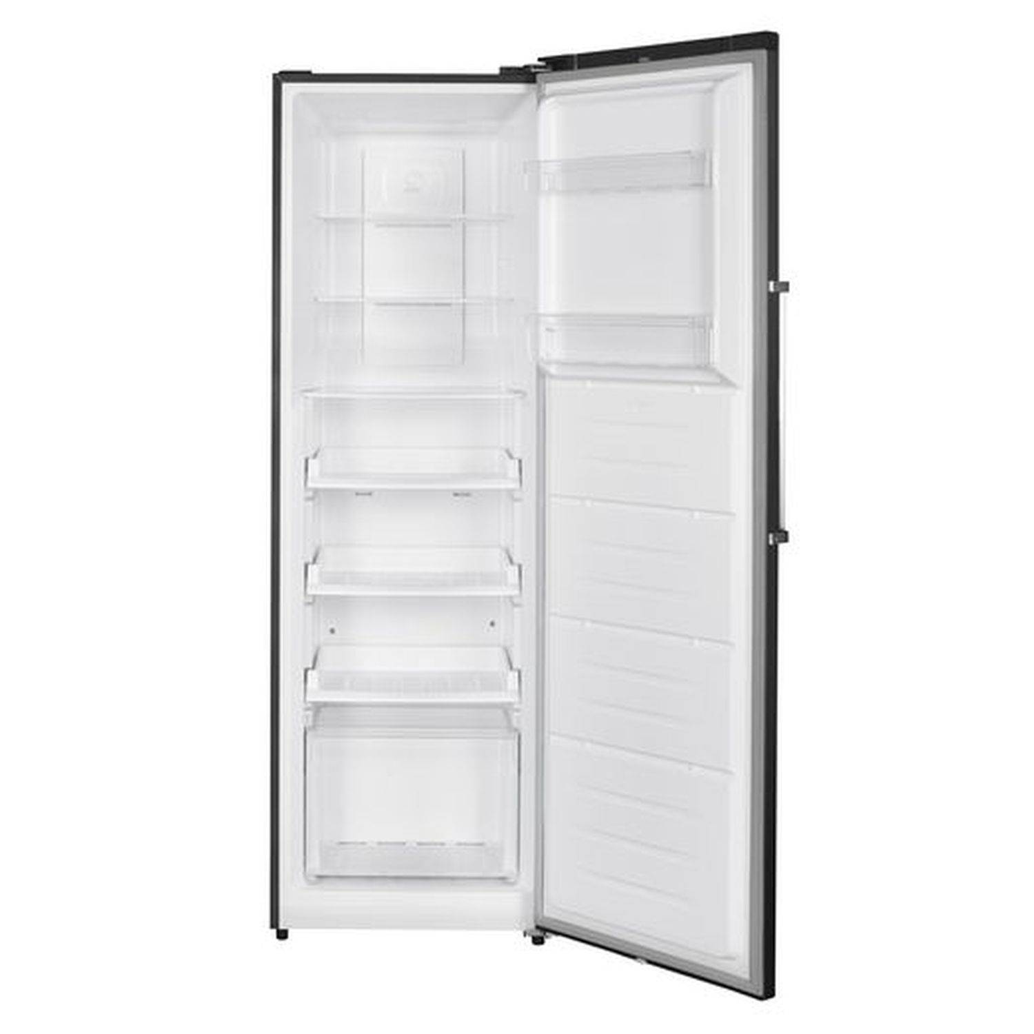Réfrigérateur blanc ouvert avec étagères, tiroirs et compartiment congélateur, sur fond blanc.