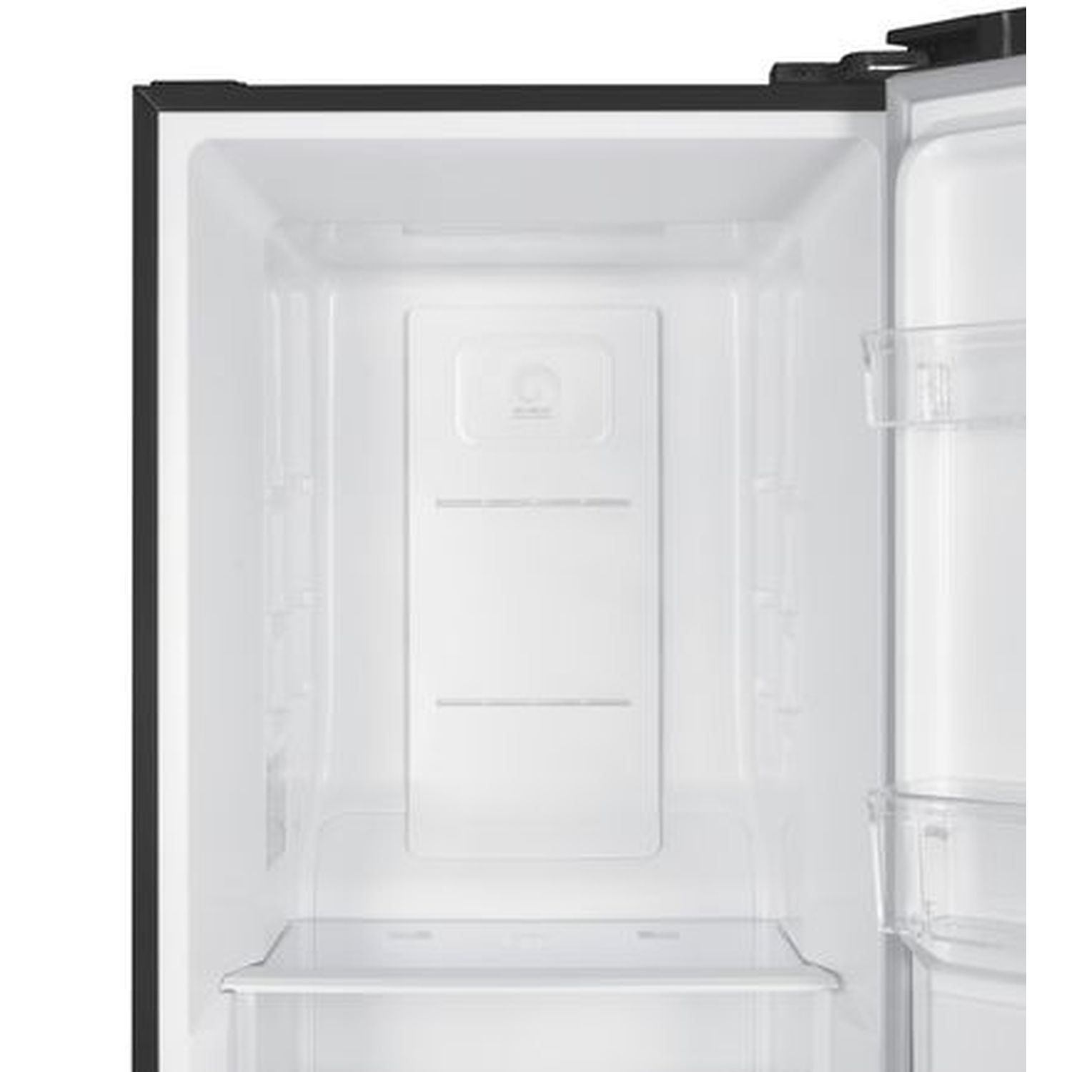 Intérieur d'un réfrigérateur avec une étagère et des tiroirs transparents.