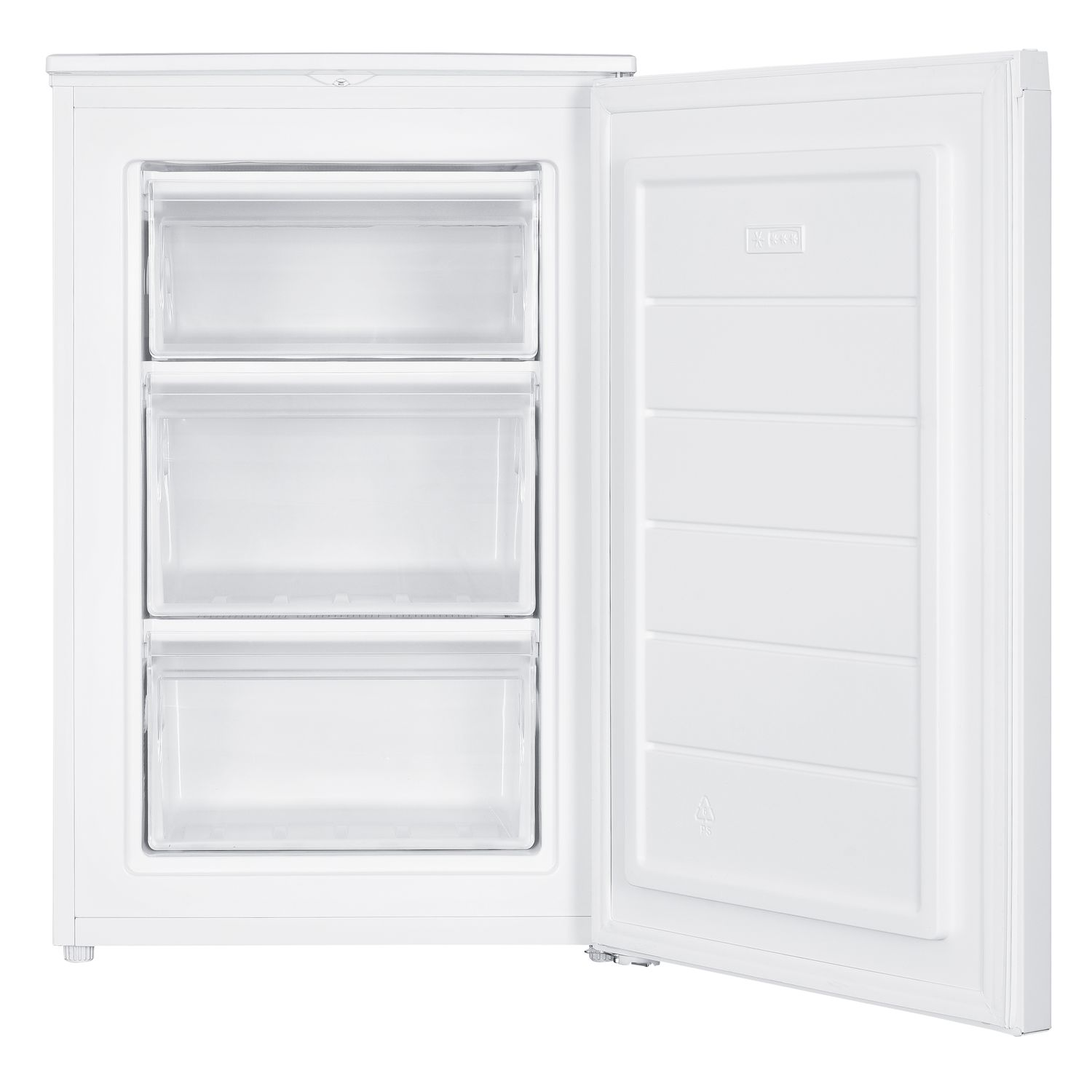 White freezer with the door open. Shelves are inside. White background.