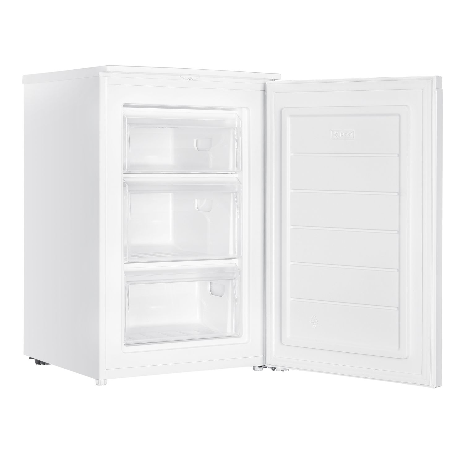 White freezer with the door open, showing three drawers.