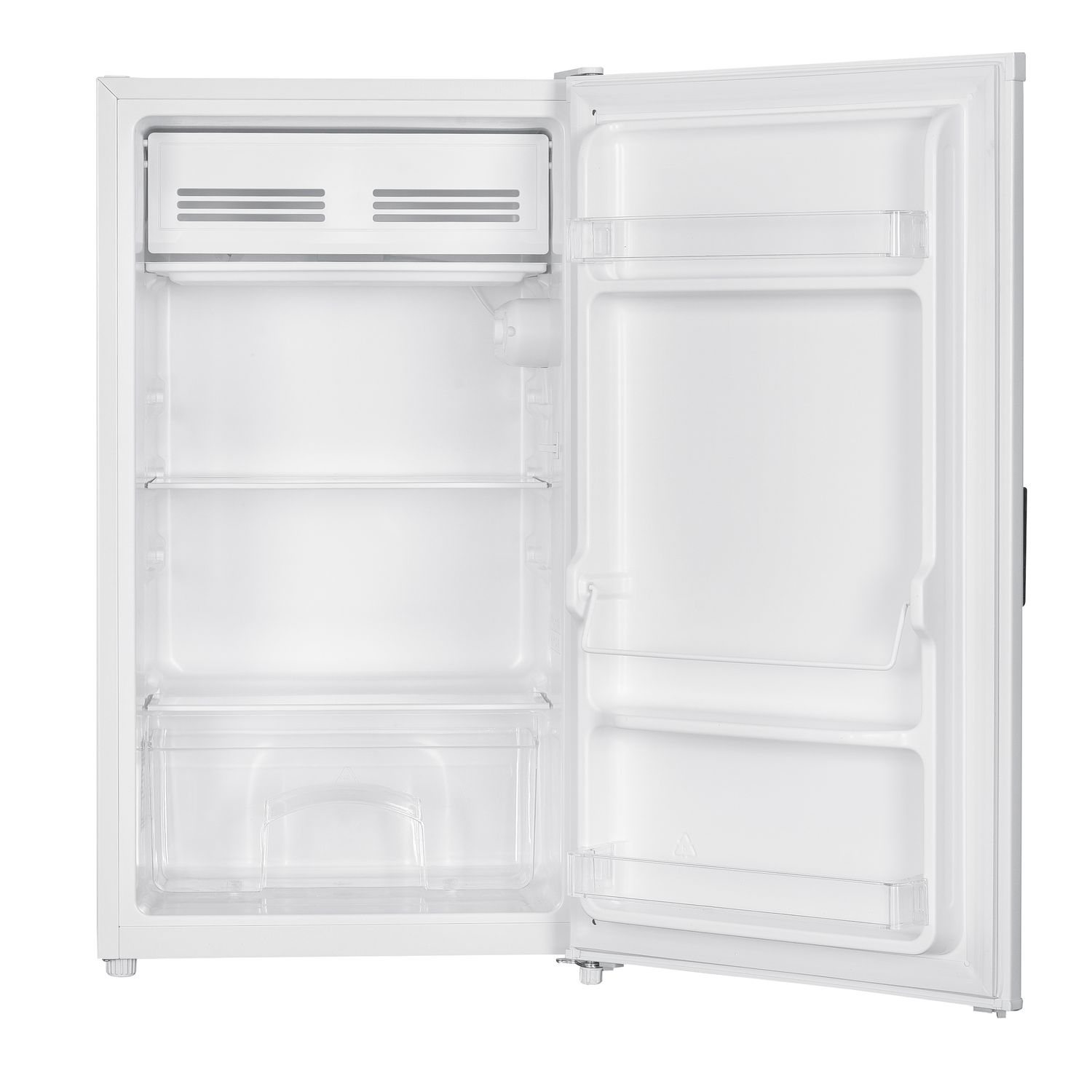 Open white refrigerator with shelves, drawers, and a compartment, with a door open to the right.