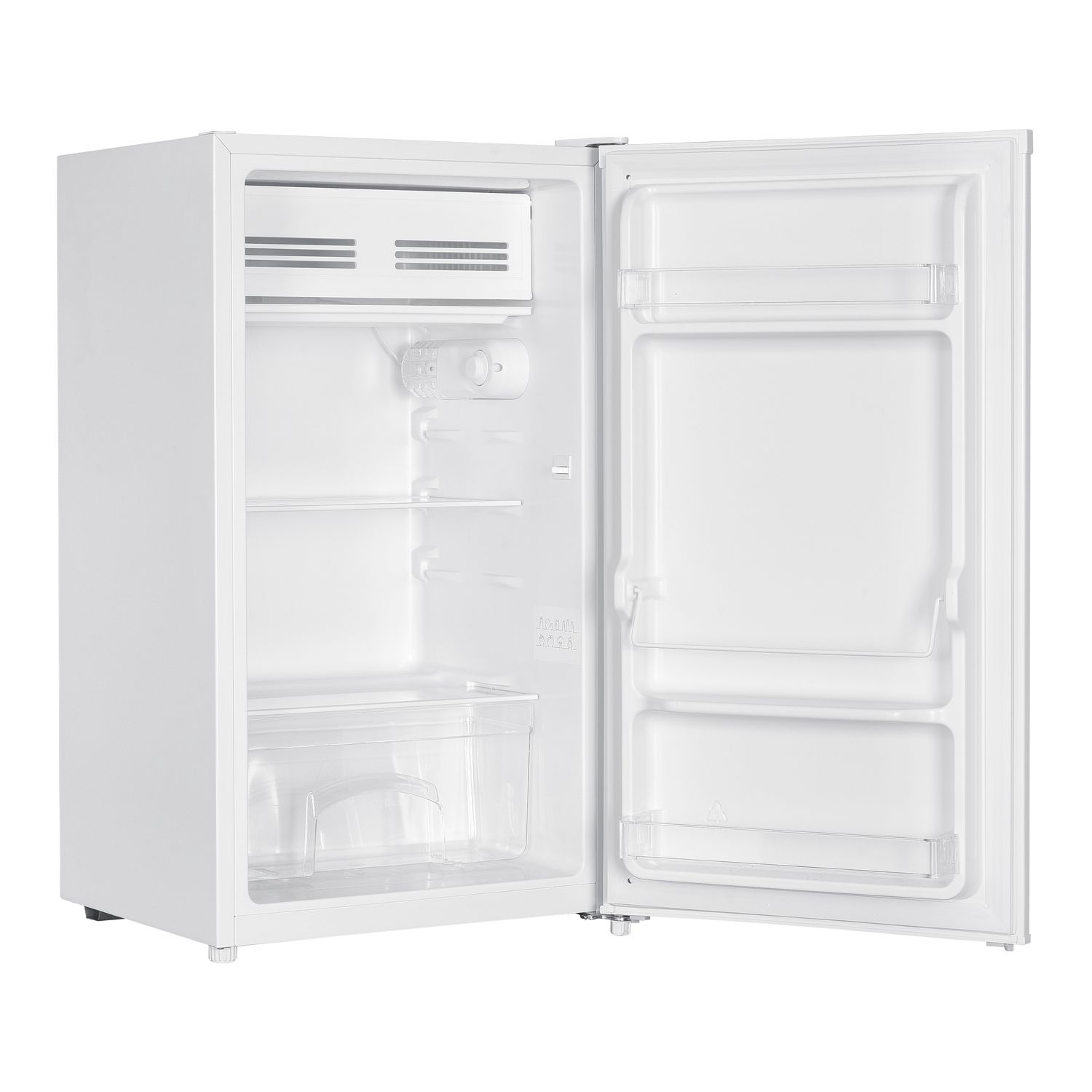 White mini fridge with open door. Interior shows shelves, a clear drawer, and contents.