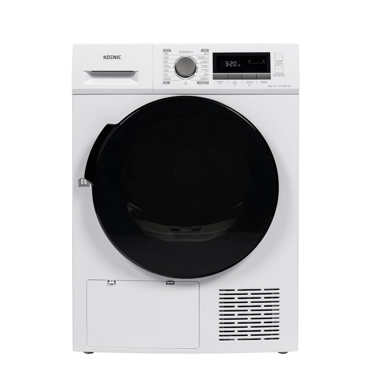 Witte Koenic-droger met een zwarte deur, bedieningspaneel en digitaal display.
