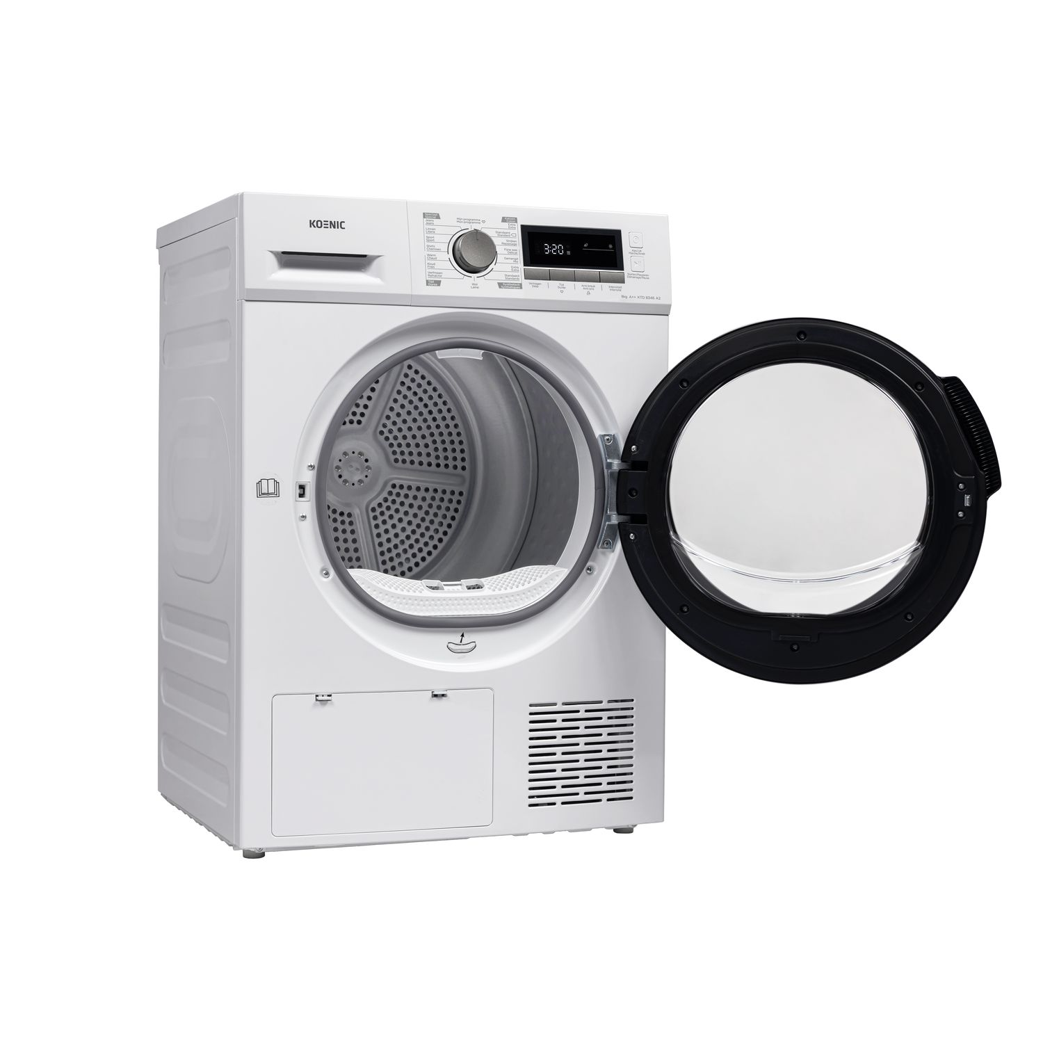 Witte Koenic droger met open deur, trommel zichtbaar. Digitaal display en diverse bedieningsknoppen.
